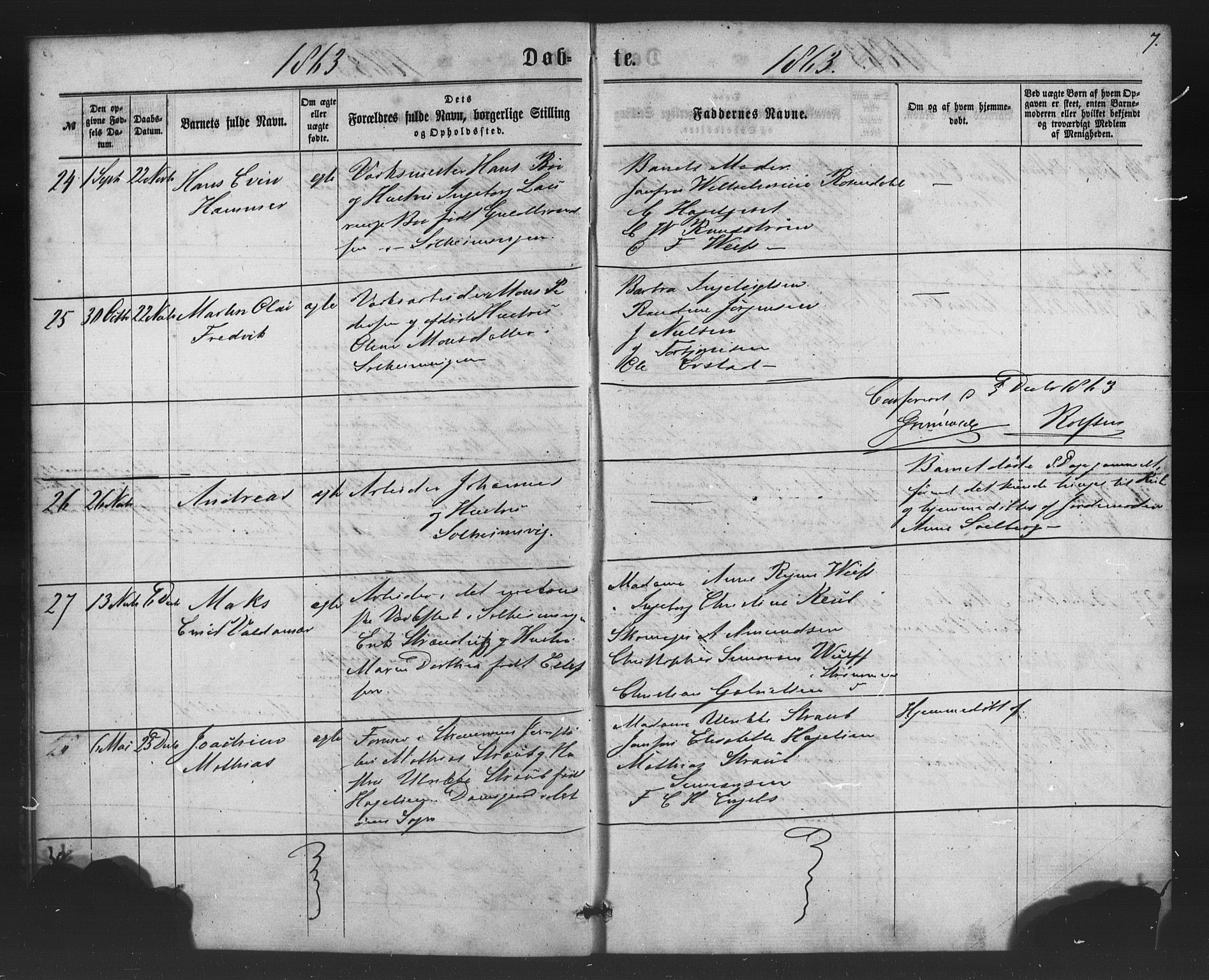 St. Jørgens hospital og Årstad sokneprestembete, AV/SAB-A-99934: Parish register (copy) no. A 3, 1863-1872, p. 7