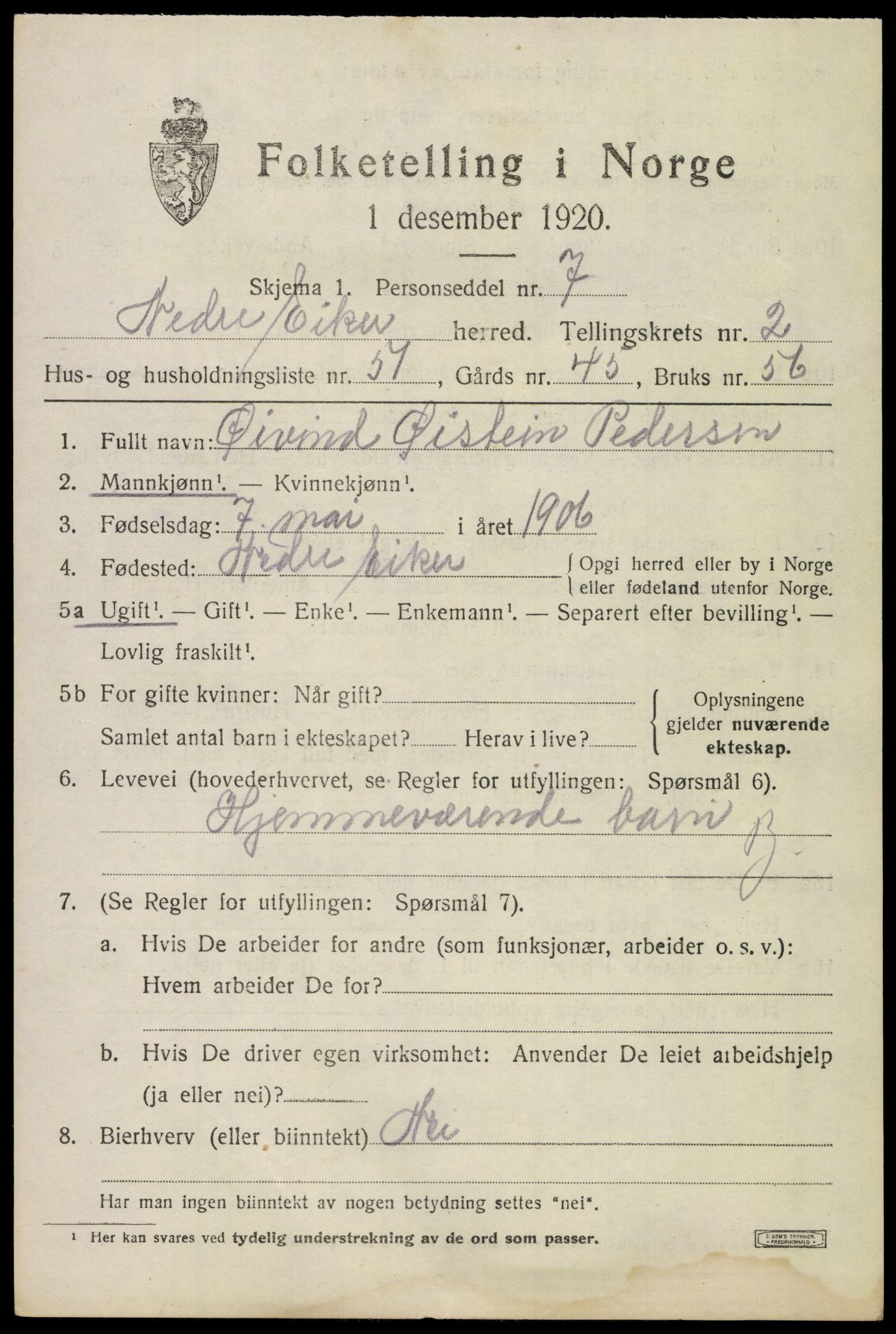 SAKO, 1920 census for Nedre Eiker, 1920, p. 4281