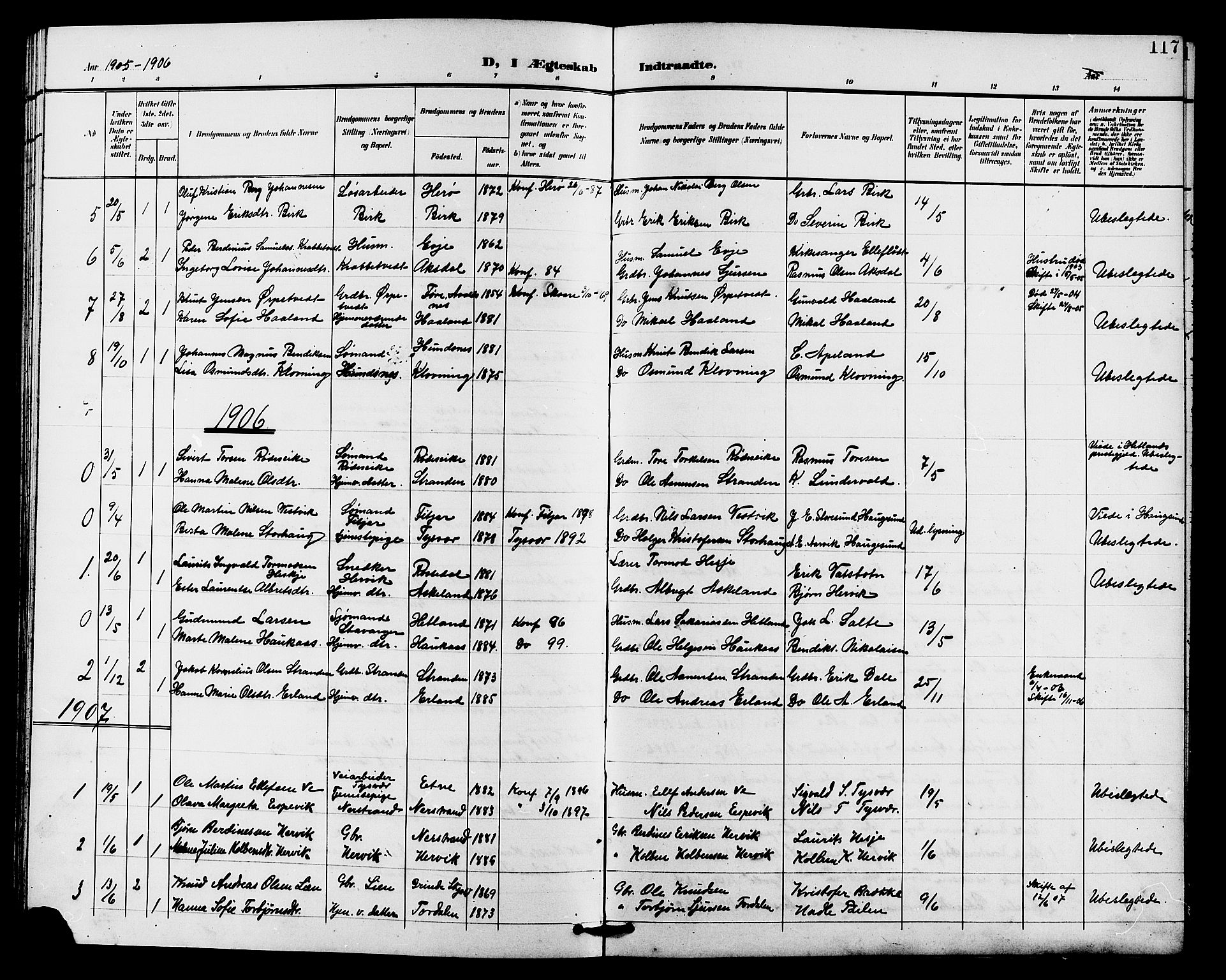 Tysvær sokneprestkontor, AV/SAST-A -101864/H/Ha/Haa/L0008: Parish register (official) no. A 8, 1897-1912, p. 117