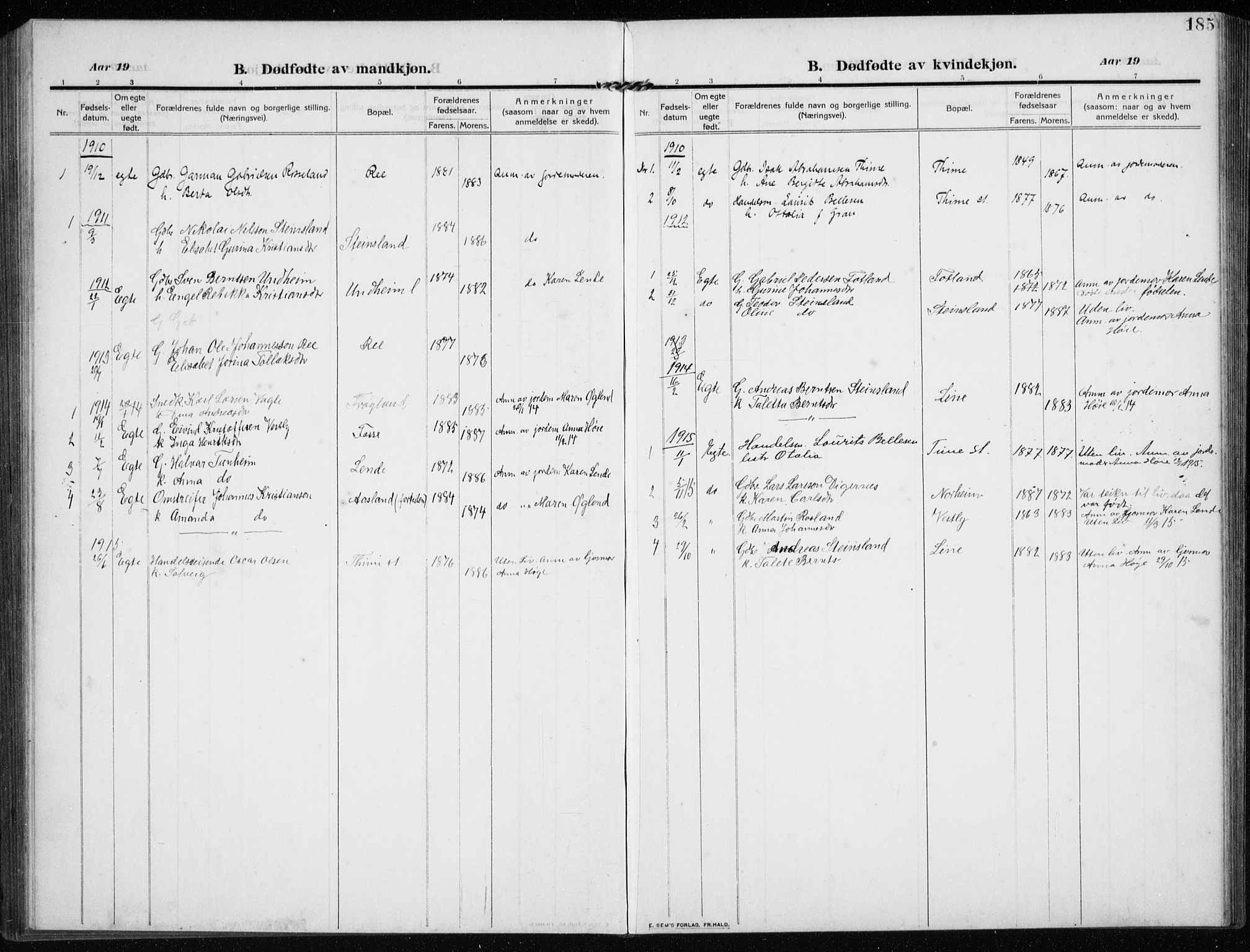 Time sokneprestkontor, AV/SAST-A-101795/001/30BB/L0001: Parish register (copy) no. B 1, 1910-1932, p. 185