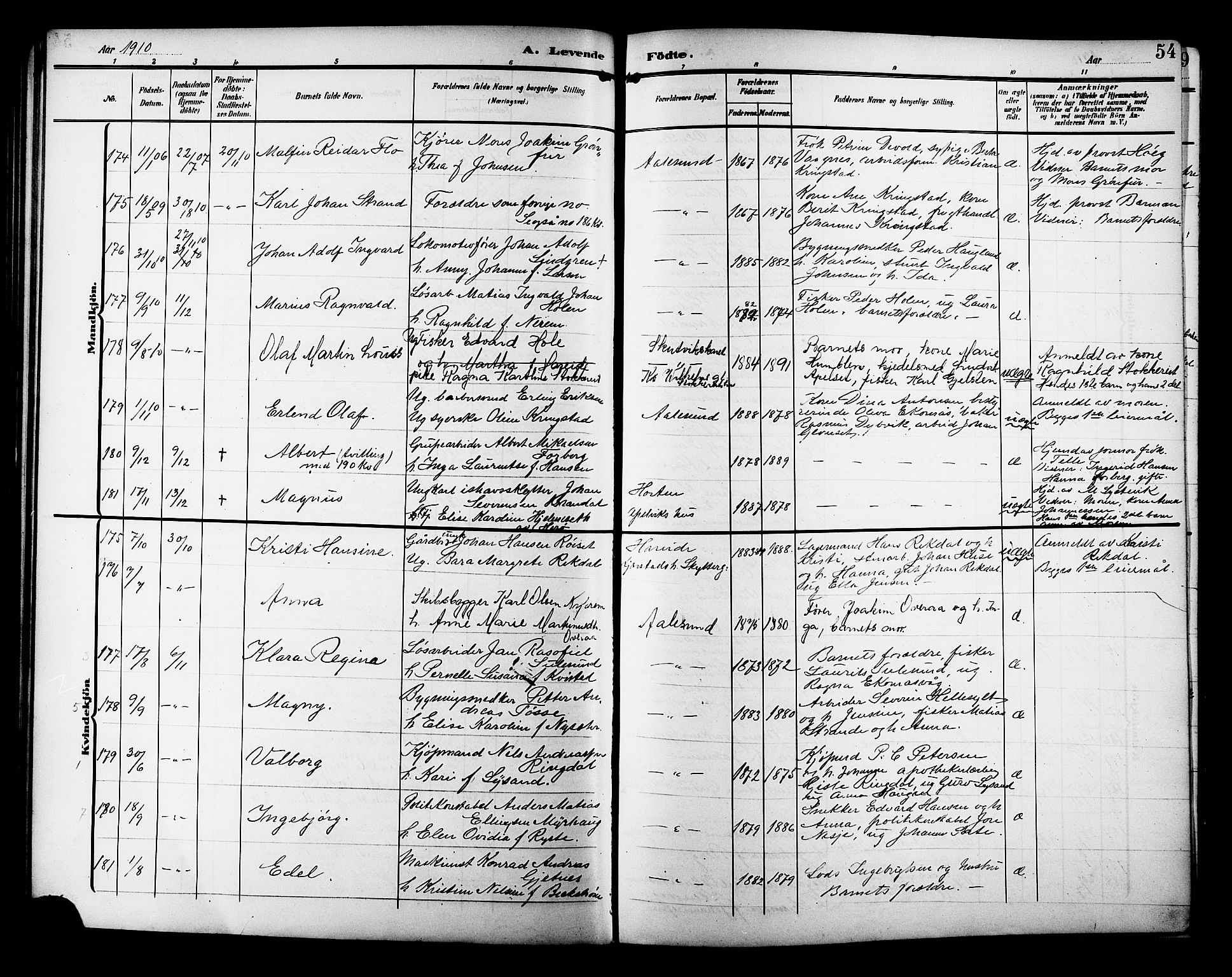 Ministerialprotokoller, klokkerbøker og fødselsregistre - Møre og Romsdal, SAT/A-1454/529/L0471: Parish register (copy) no. 529C08, 1909-1921, p. 54
