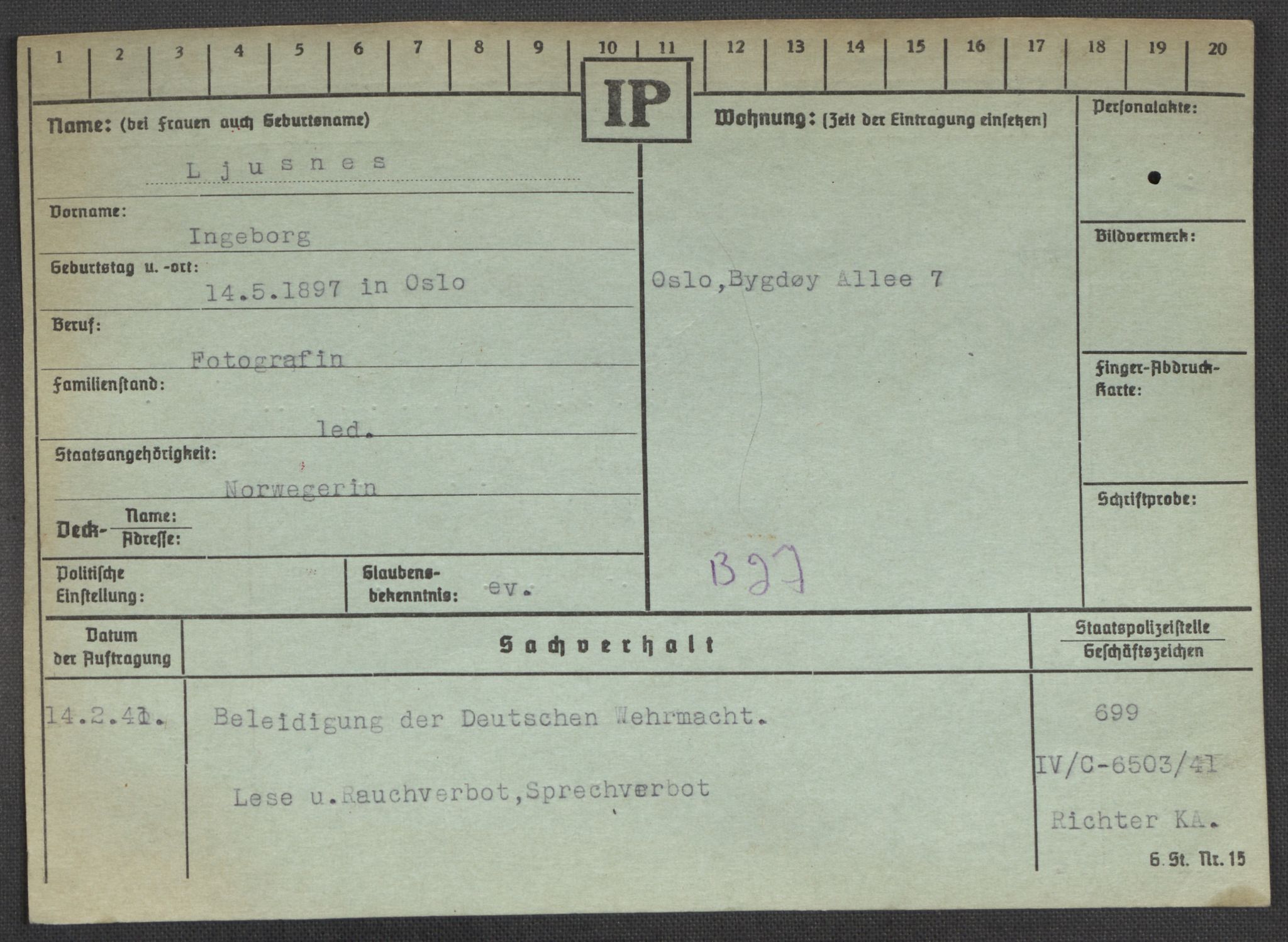 Befehlshaber der Sicherheitspolizei und des SD, AV/RA-RAFA-5969/E/Ea/Eaa/L0006: Register over norske fanger i Møllergata 19: Kj-Lund, 1940-1945, p. 1201