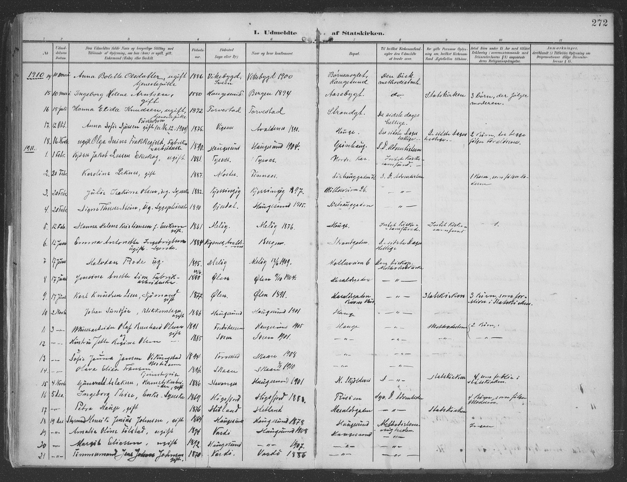 Haugesund sokneprestkontor, AV/SAST-A -101863/H/Ha/Haa/L0007: Parish register (official) no. A 7, 1904-1916, p. 272