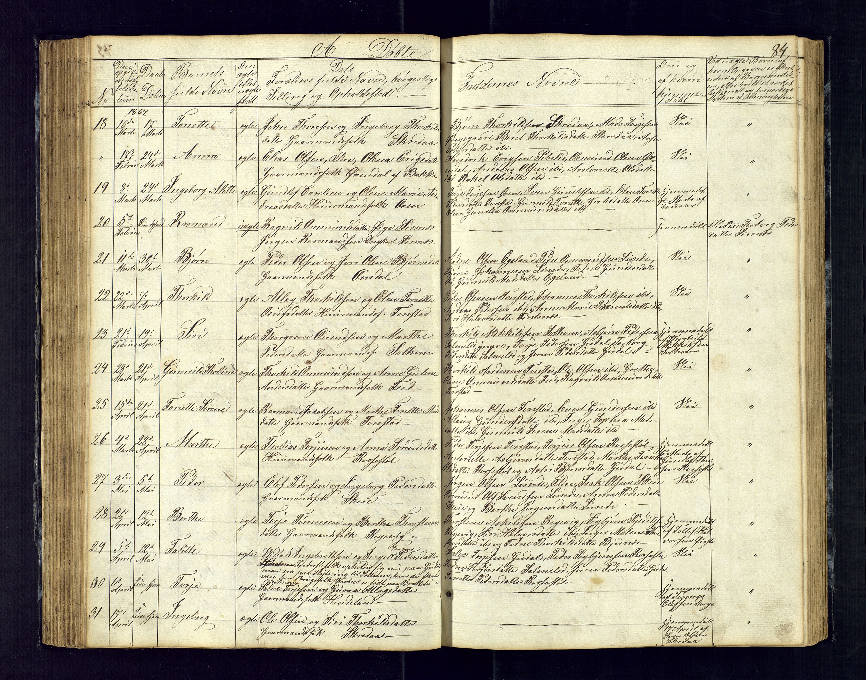 Sirdal sokneprestkontor, SAK/1111-0036/F/Fb/Fbb/L0002: Parish register (copy) no. B-2, 1848-1878, p. 84