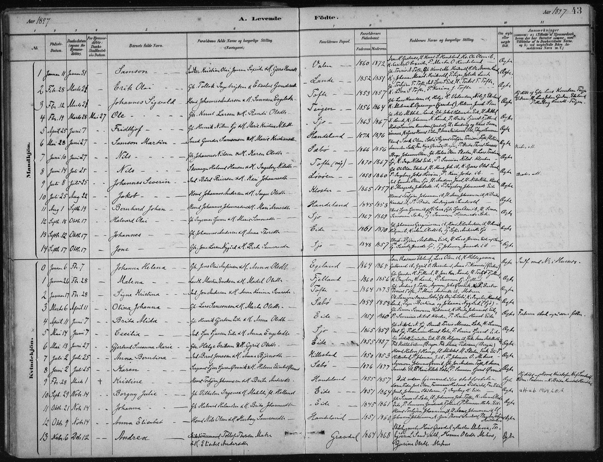 Fjelberg sokneprestembete, SAB/A-75201/H/Haa: Parish register (official) no. C  1, 1879-1918, p. 43