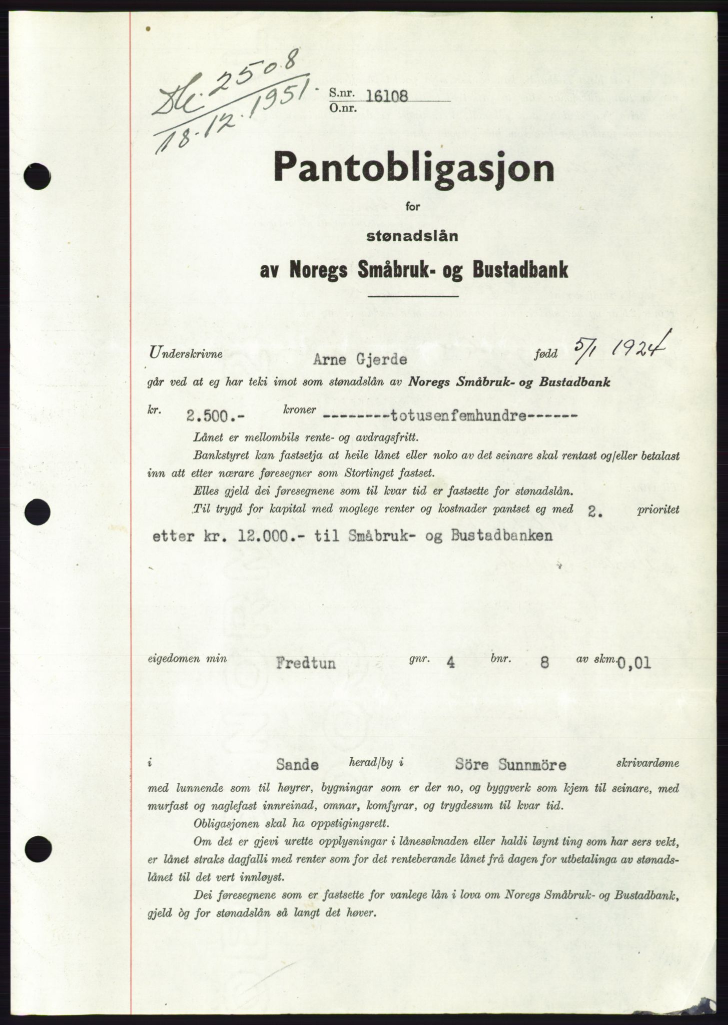 Søre Sunnmøre sorenskriveri, AV/SAT-A-4122/1/2/2C/L0121: Mortgage book no. 9B, 1951-1952, Diary no: : 2508/1951