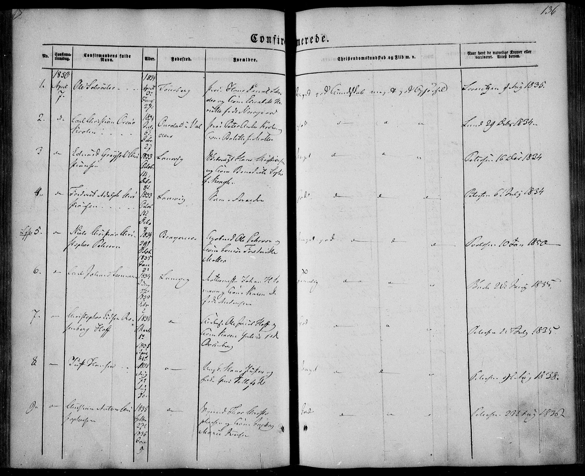 Larvik kirkebøker, SAKO/A-352/F/Fa/L0003: Parish register (official) no. I 3, 1848-1856, p. 136