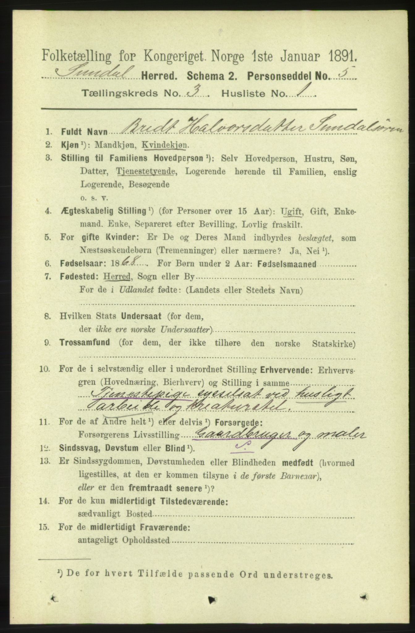 RA, 1891 census for 1563 Sunndal, 1891, p. 650