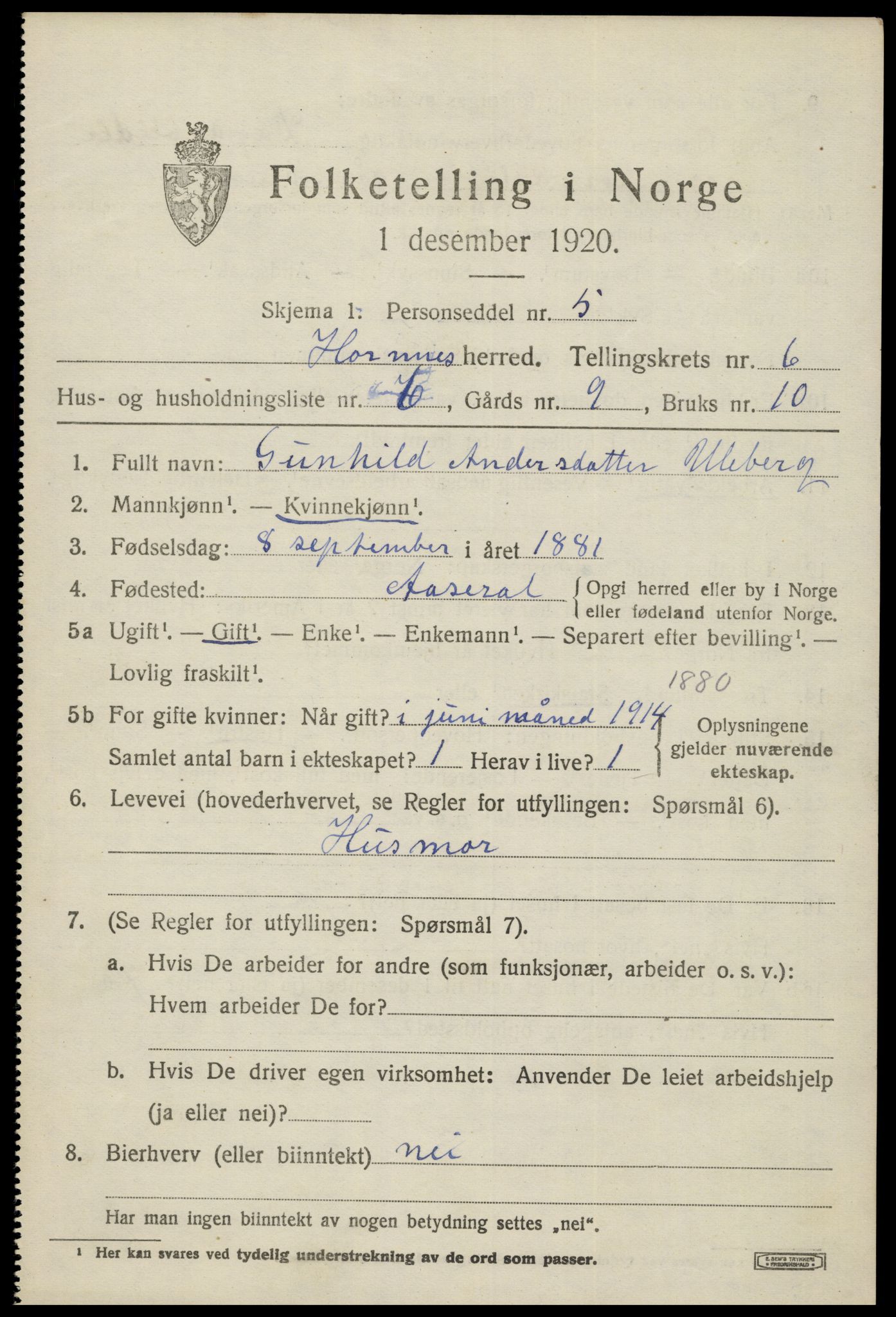 SAK, 1920 census for Hornnes, 1920, p. 1621
