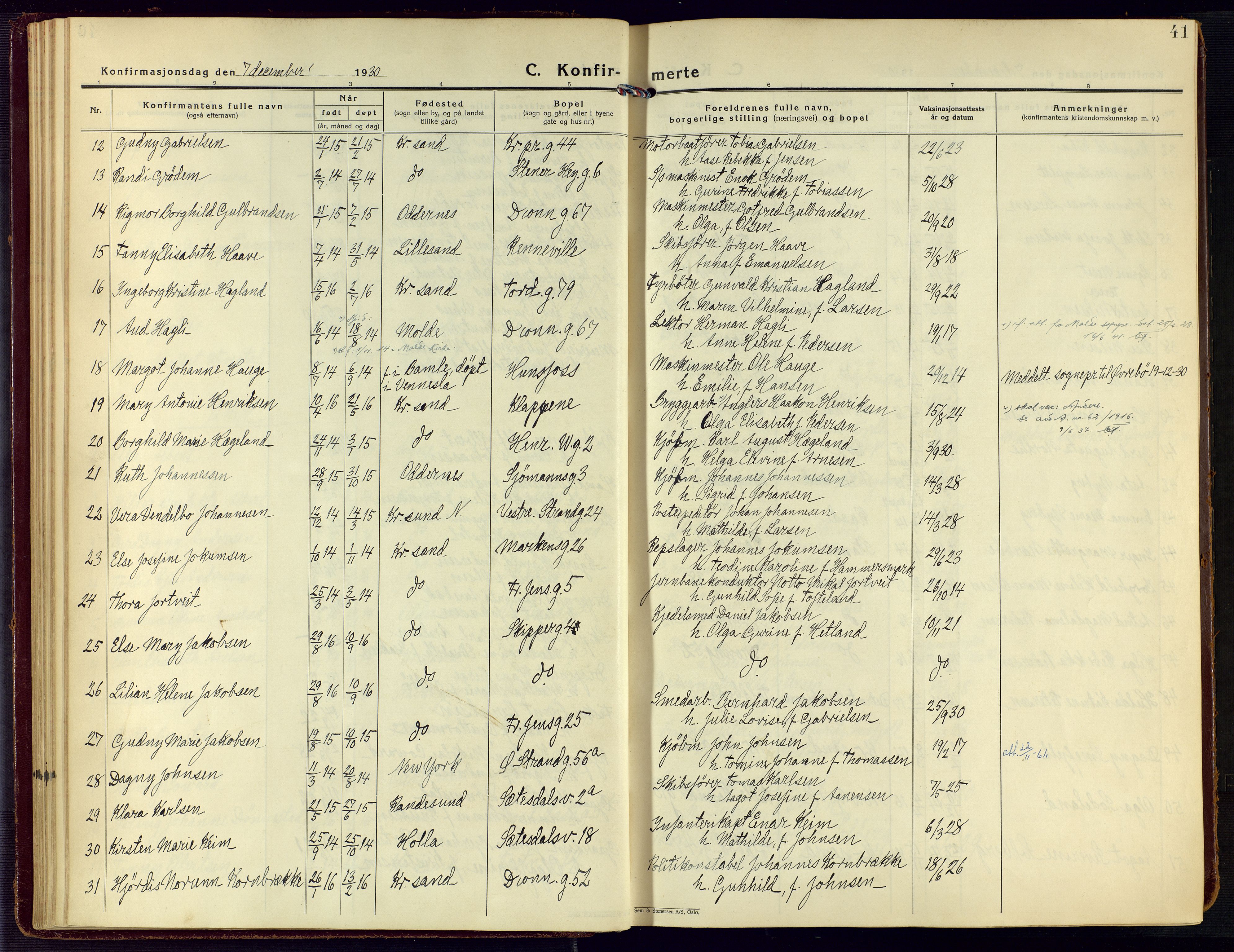 Kristiansand domprosti, AV/SAK-1112-0006/F/Fa/L0027: Parish register (official) no. A 26, 1928-1940, p. 41