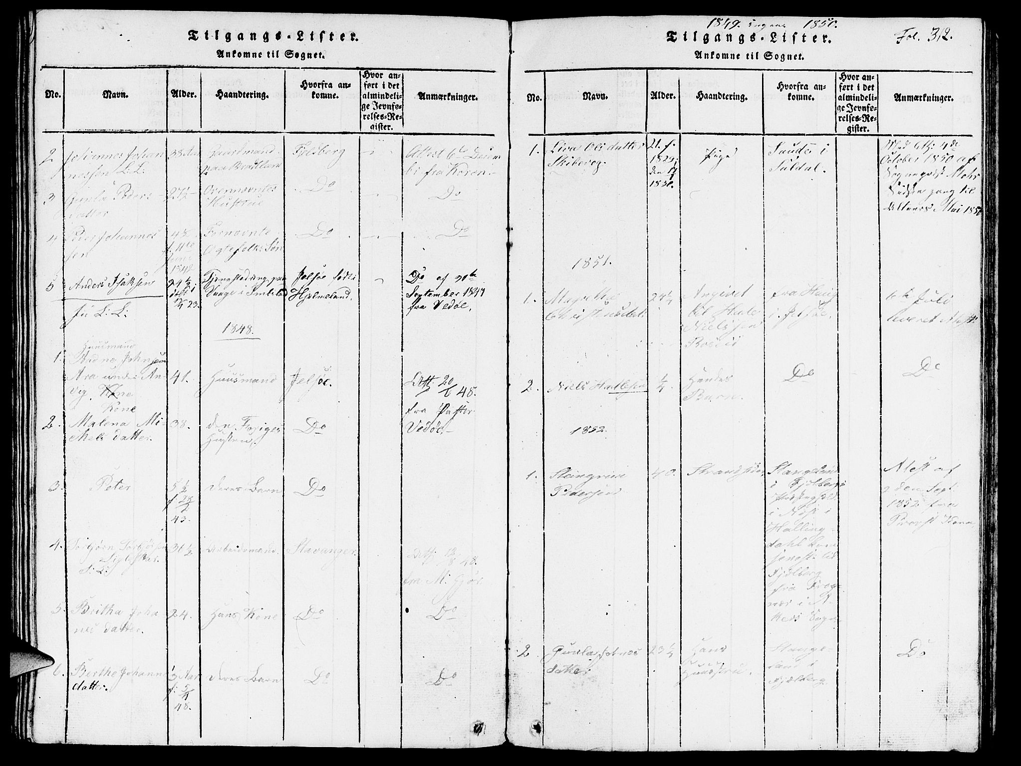 Vikedal sokneprestkontor, SAST/A-101840/01/V: Parish register (copy) no. B 3, 1816-1867, p. 312
