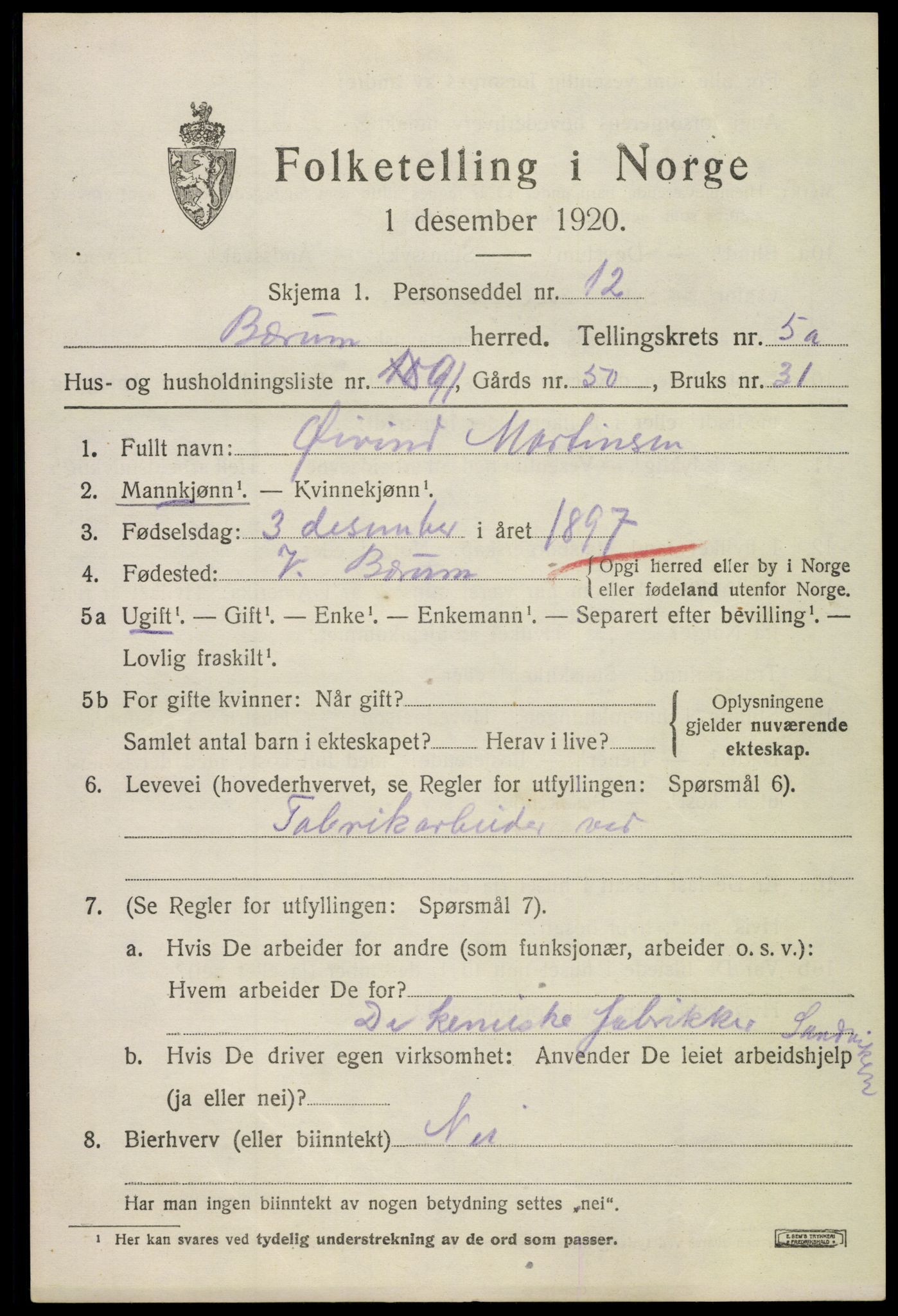SAO, 1920 census for Bærum, 1920, p. 11612