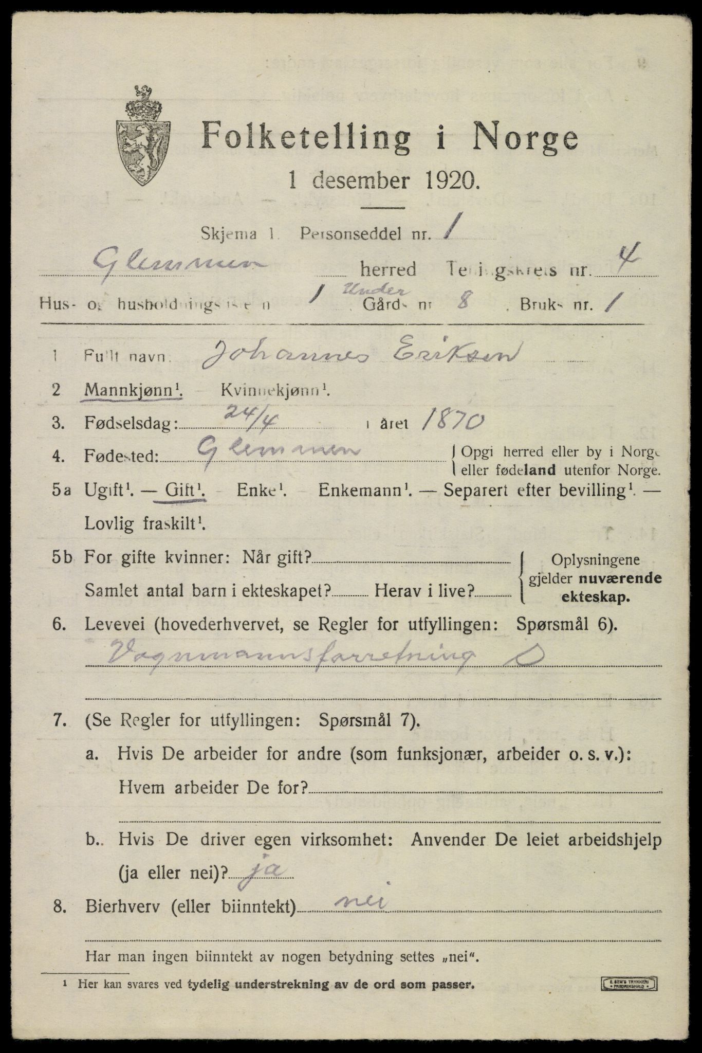 SAO, 1920 census for Glemmen, 1920, p. 12917