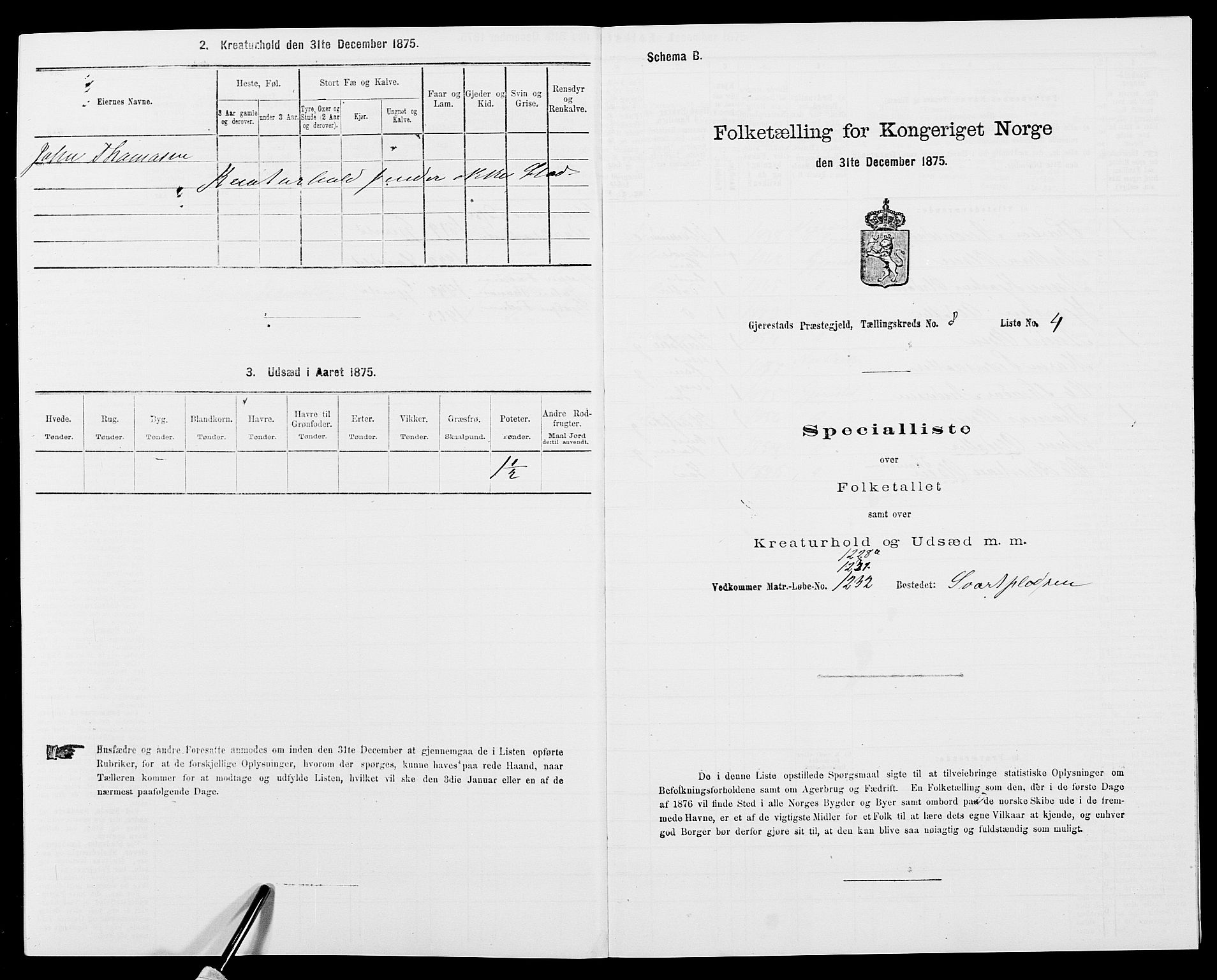 SAK, 1875 census for 0911P Gjerstad, 1875, p. 825