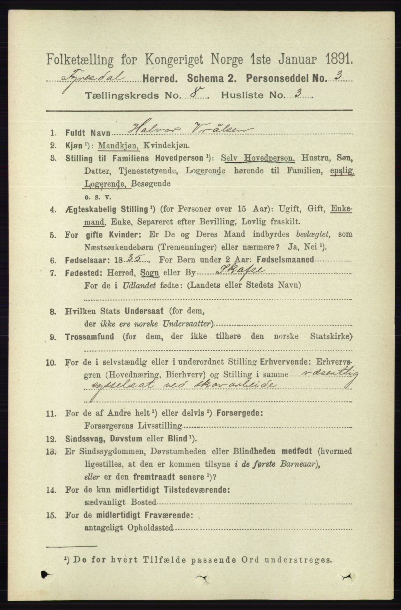 RA, 1891 census for 0831 Fyresdal, 1891, p. 2186