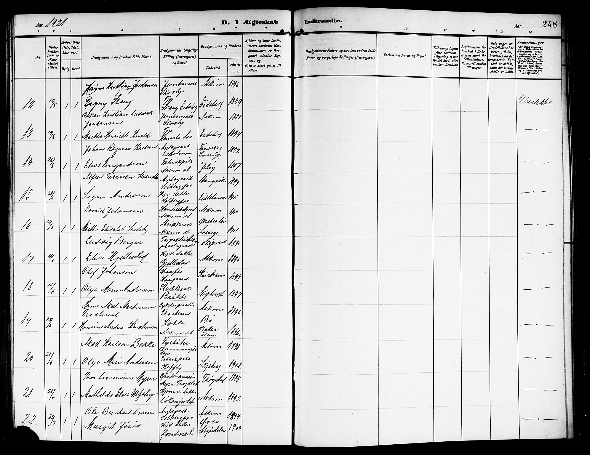Askim prestekontor Kirkebøker, AV/SAO-A-10900/G/Ga/L0002: Parish register (copy) no. 2, 1903-1921, p. 248