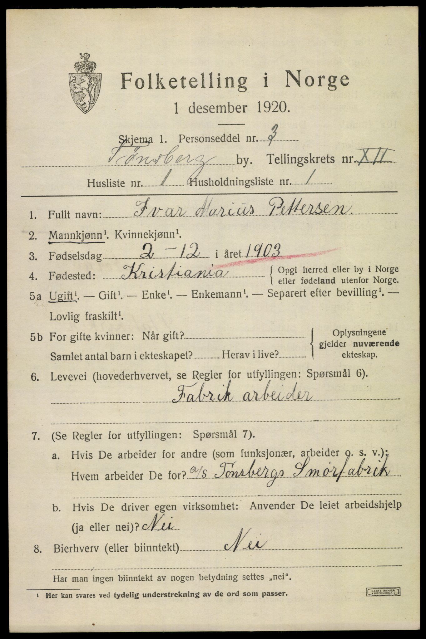 SAKO, 1920 census for Tønsberg, 1920, p. 19969