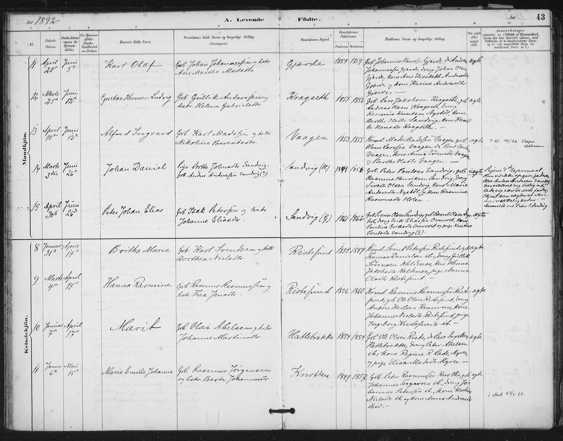 Ministerialprotokoller, klokkerbøker og fødselsregistre - Møre og Romsdal, AV/SAT-A-1454/503/L0037: Parish register (official) no. 503A05, 1884-1900, p. 43