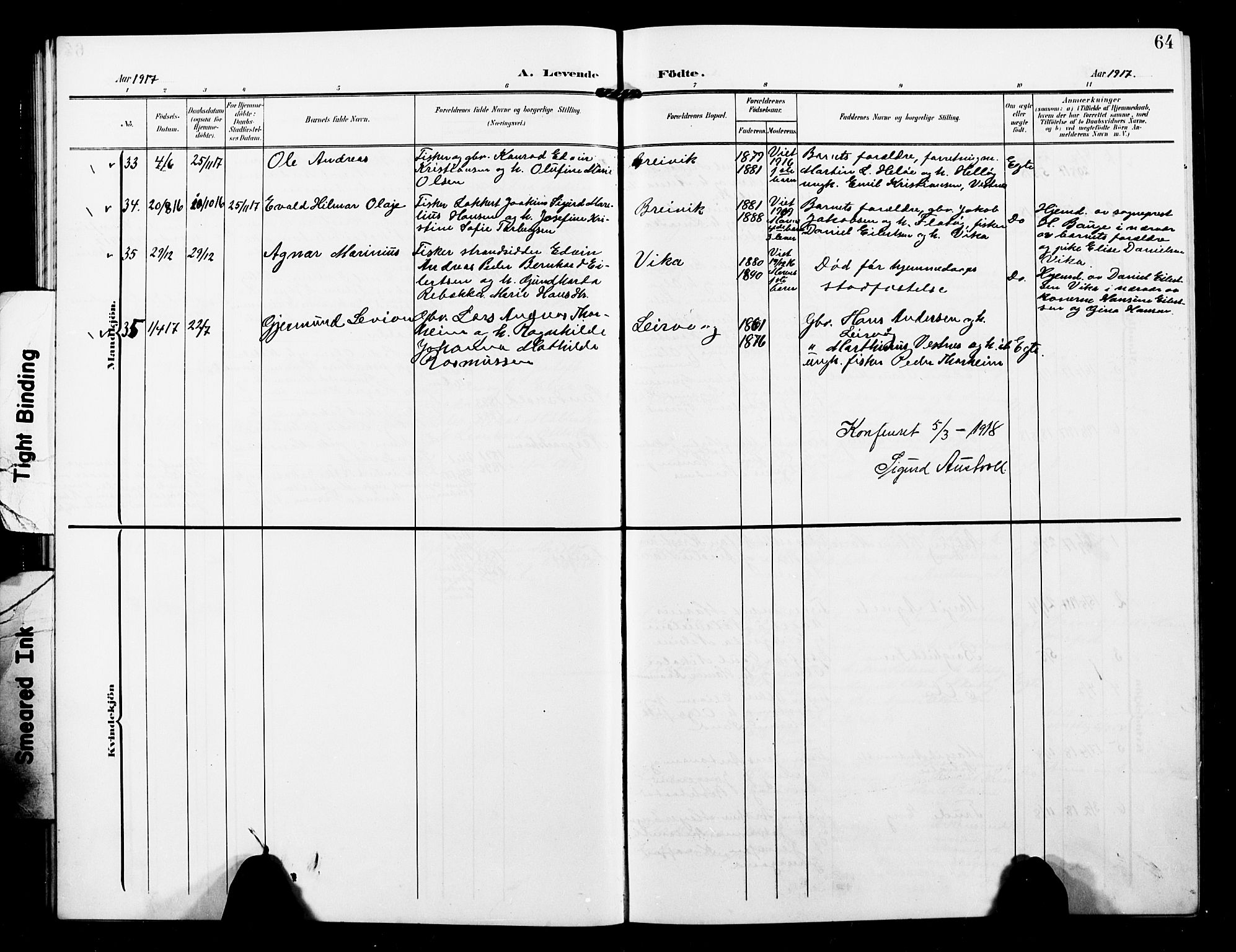 Sand/Bjarkøy sokneprestkontor, SATØ/S-0811/I/Ia/Iab/L0004klokker: Parish register (copy) no. 4, 1905-1918, p. 64