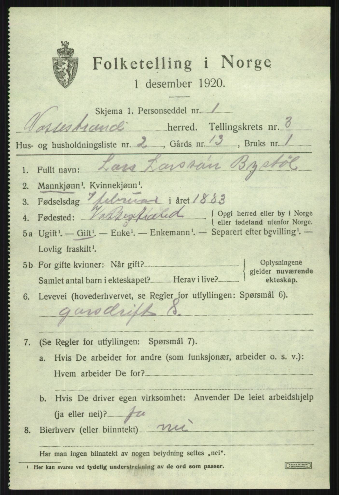 SAB, 1920 census for Vossestrand, 1920, p. 1442