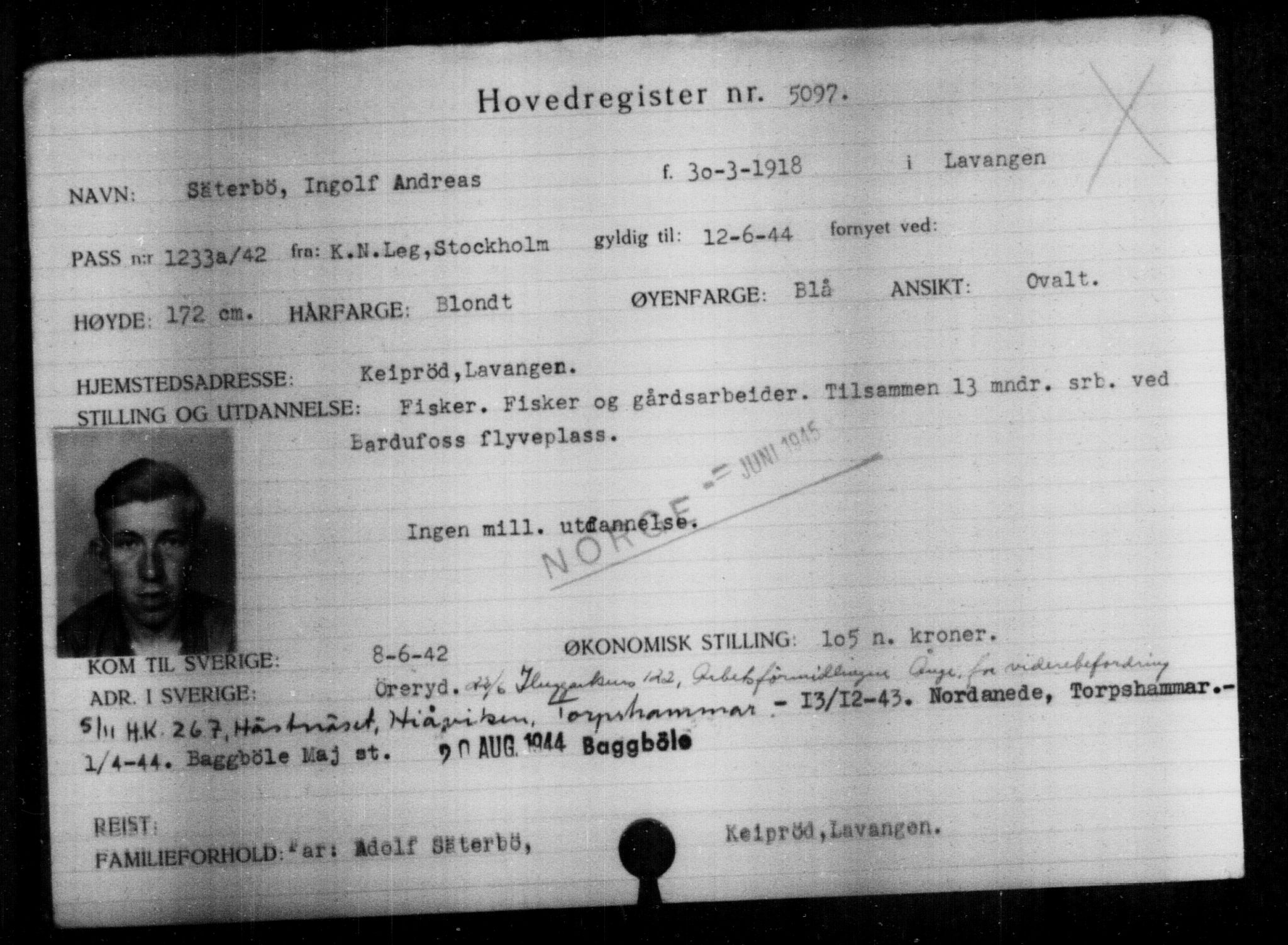 Utenriksstasjonene, Legasjonen i Stockholm, Flyktningkontoret, AV/RA-S-6753/V/Va/L0004: Kjesäterkartoteket, flyktninger med registreringsnr. 3496-6610, 1940-1945, p. 1890