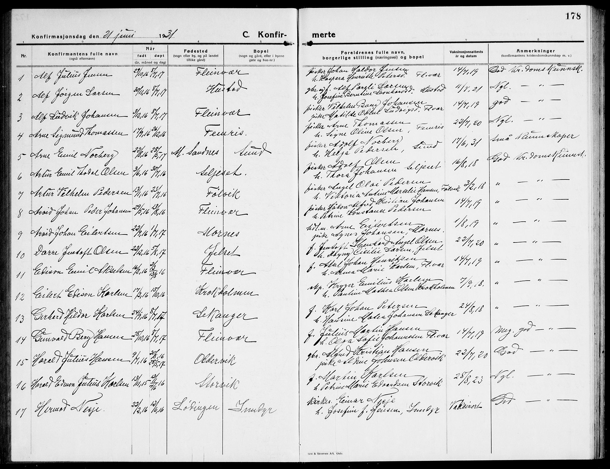 Ministerialprotokoller, klokkerbøker og fødselsregistre - Nordland, AV/SAT-A-1459/805/L0111: Parish register (copy) no. 805C07, 1925-1943, p. 178
