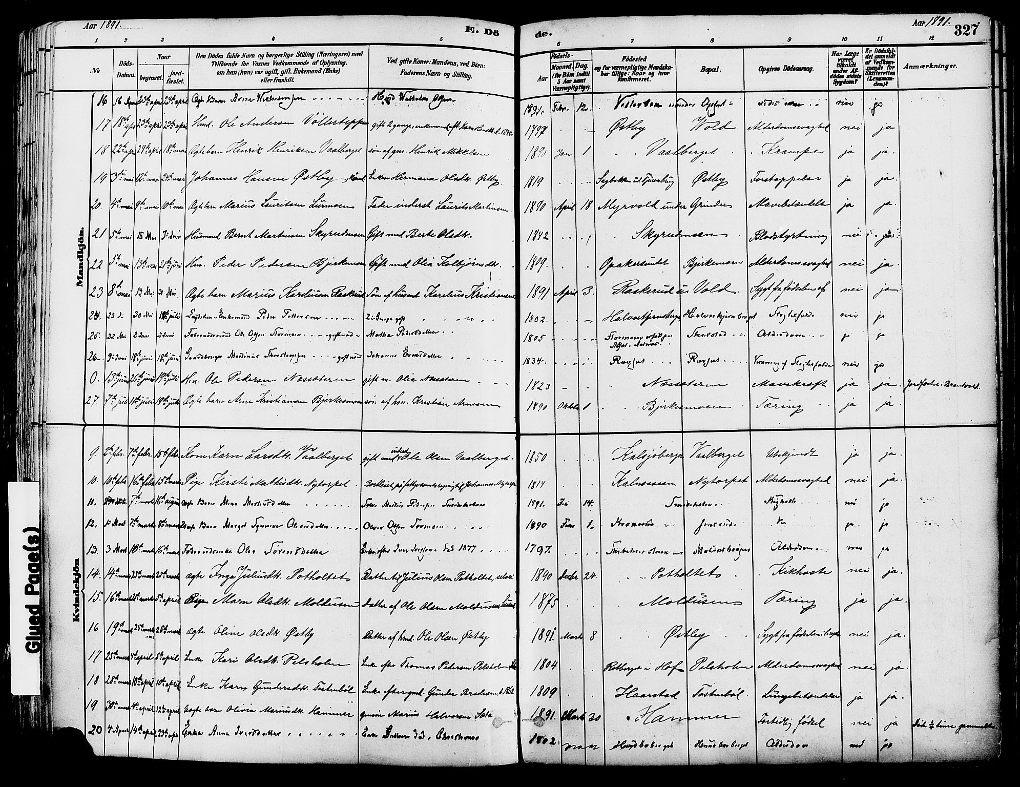 Grue prestekontor, AV/SAH-PREST-036/H/Ha/Haa/L0012: Parish register (official) no. 12, 1881-1897, p. 327