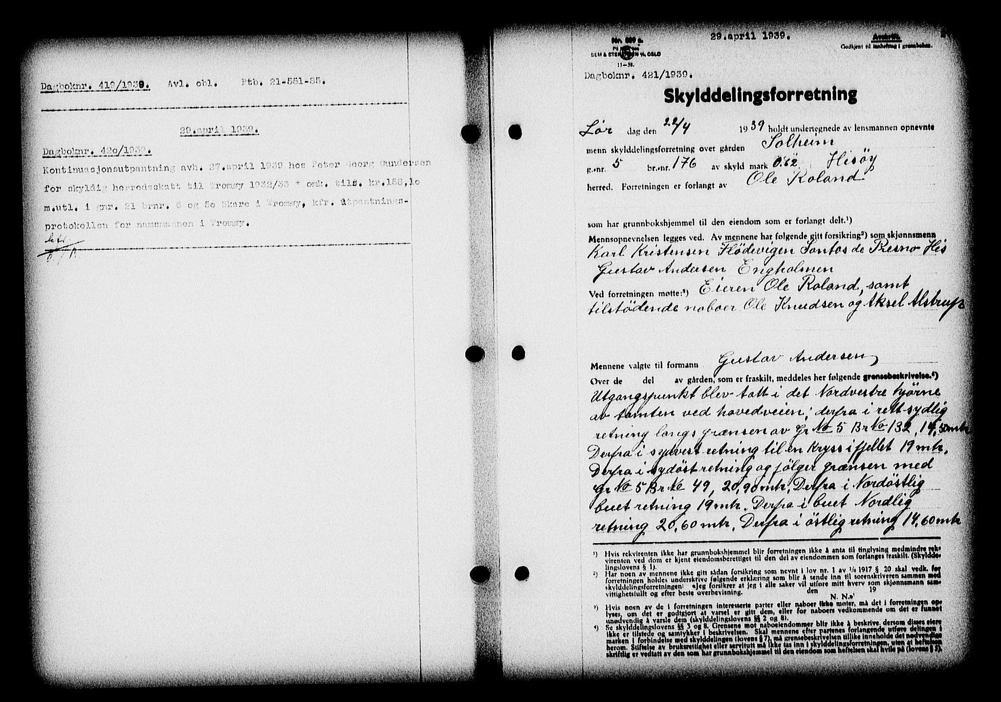 Nedenes sorenskriveri, SAK/1221-0006/G/Gb/Gba/L0046: Mortgage book no. 42, 1938-1939, Diary no: : 421/1939