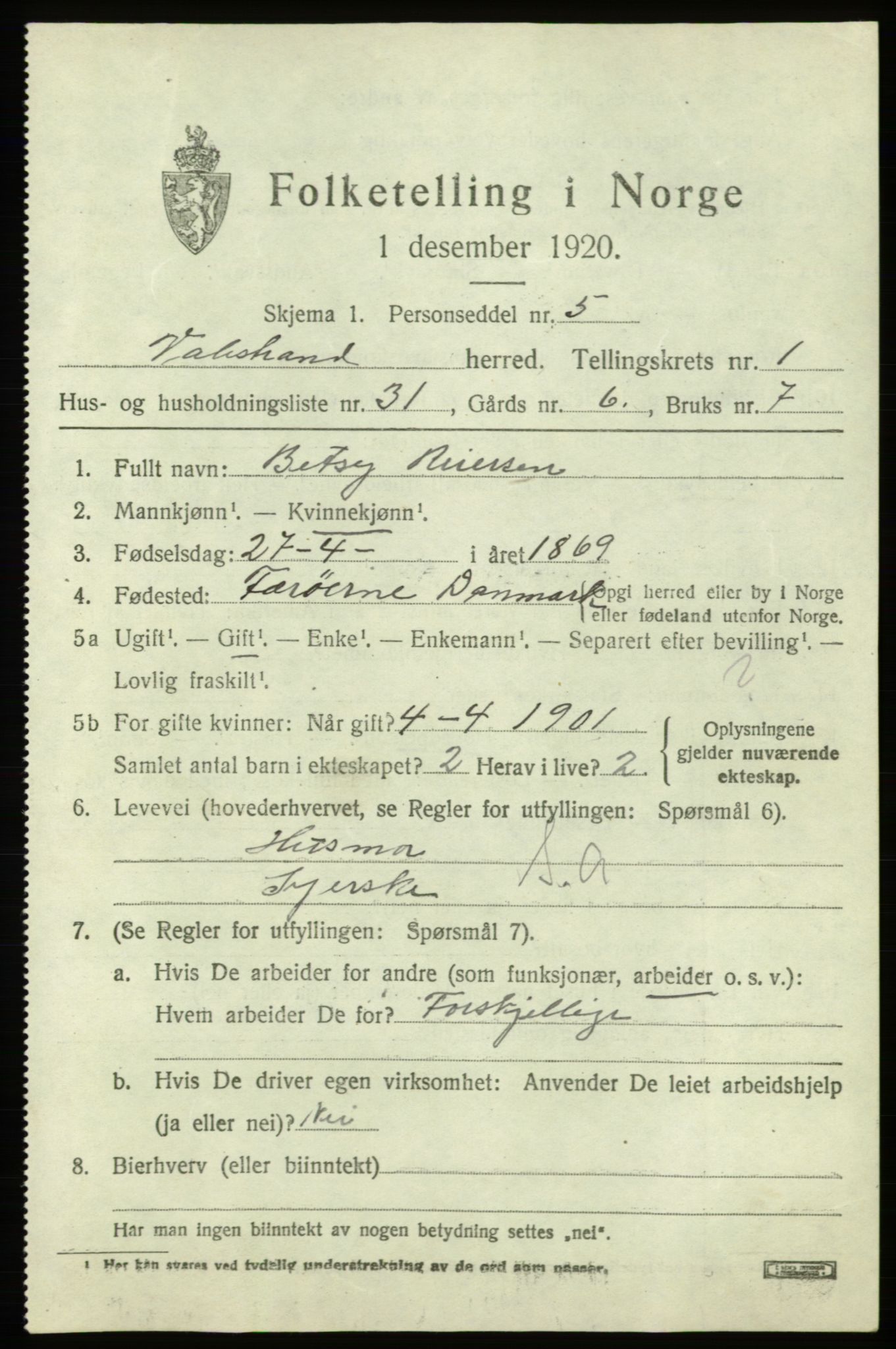 SAB, 1920 census for Valestrand, 1920, p. 811