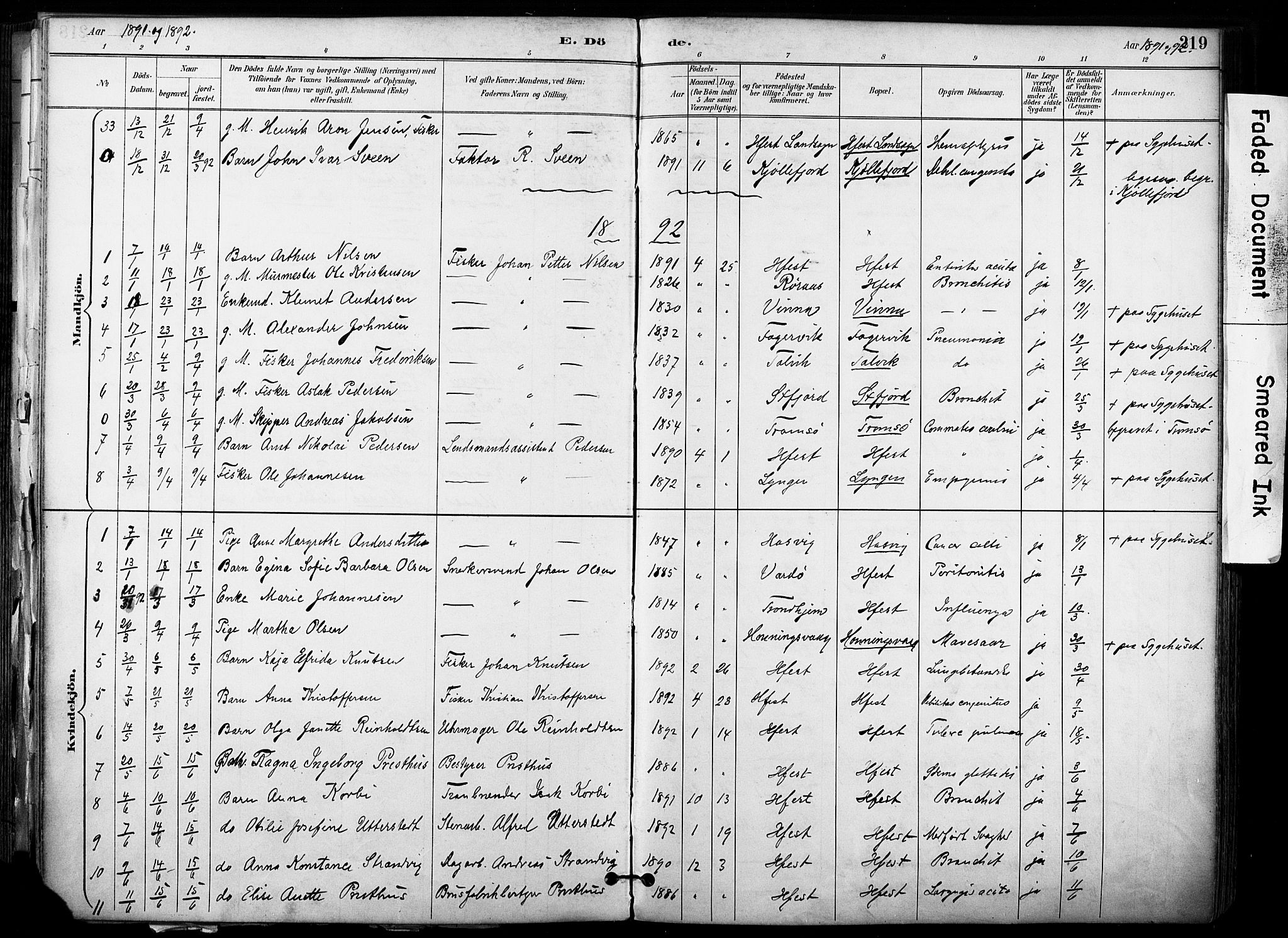 Hammerfest sokneprestkontor, SATØ/S-1347/H/Ha/L0009.kirke: Parish register (official) no. 9, 1889-1897, p. 219
