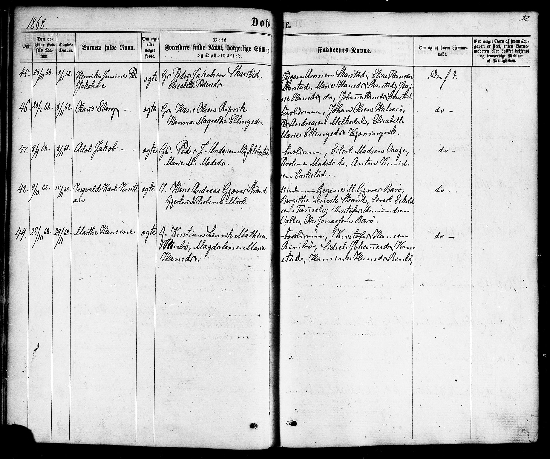 Ministerialprotokoller, klokkerbøker og fødselsregistre - Nordland, AV/SAT-A-1459/872/L1034: Parish register (official) no. 872A09, 1864-1884, p. 32