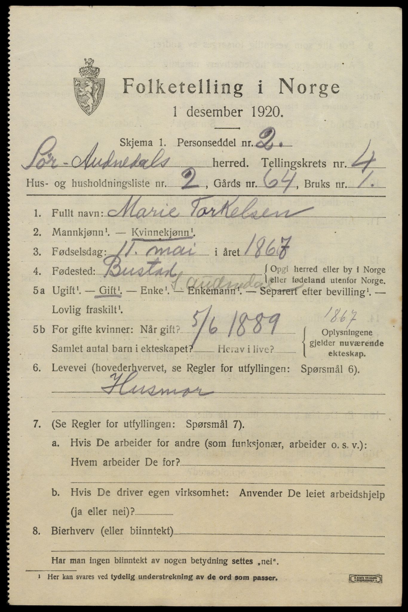 SAK, 1920 census for Sør-Audnedal, 1920, p. 2181