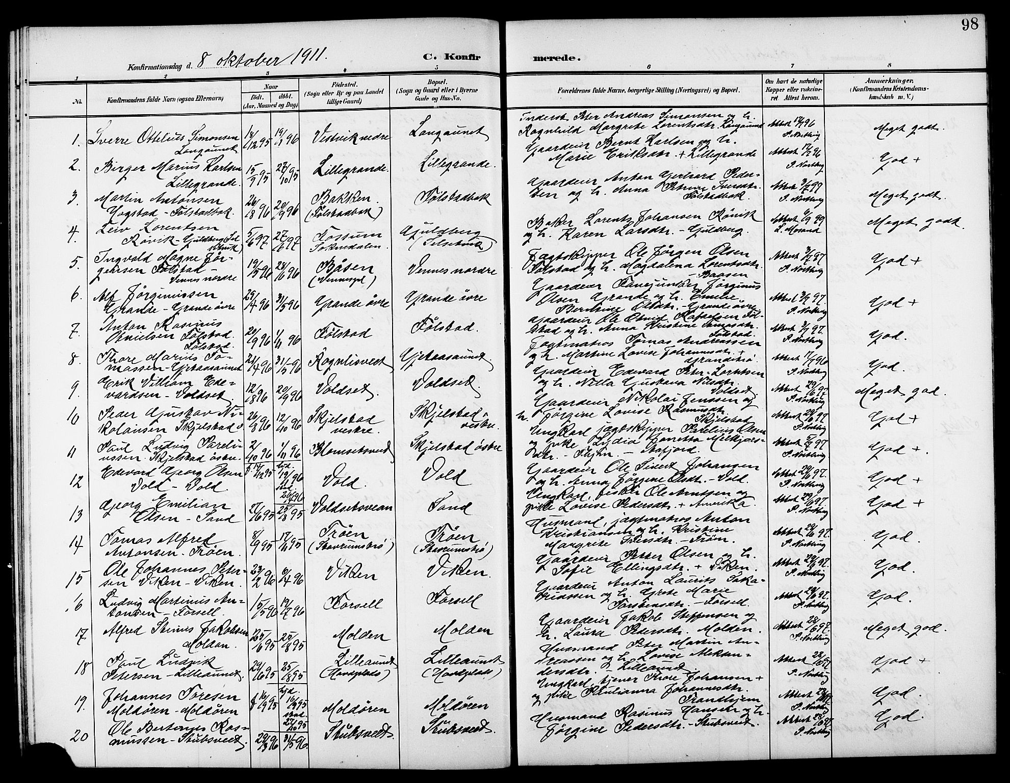 Ministerialprotokoller, klokkerbøker og fødselsregistre - Nord-Trøndelag, AV/SAT-A-1458/744/L0424: Parish register (copy) no. 744C03, 1906-1923, p. 98