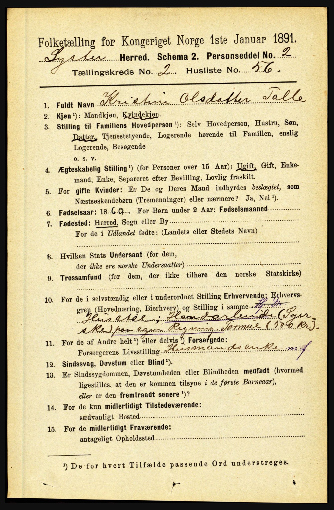 RA, 1891 census for 1426 Luster, 1891, p. 1095