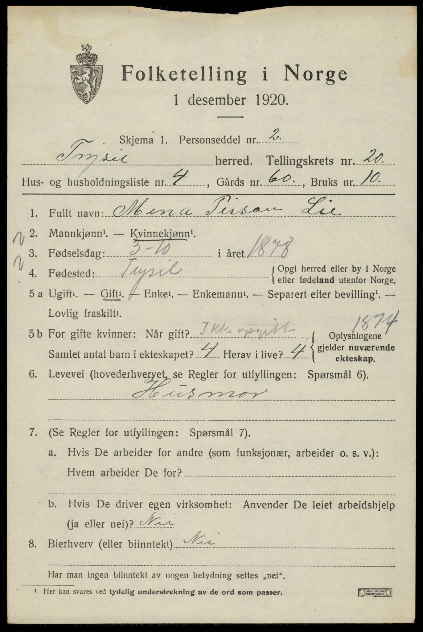 SAH, 1920 census for Trysil, 1920, p. 13041