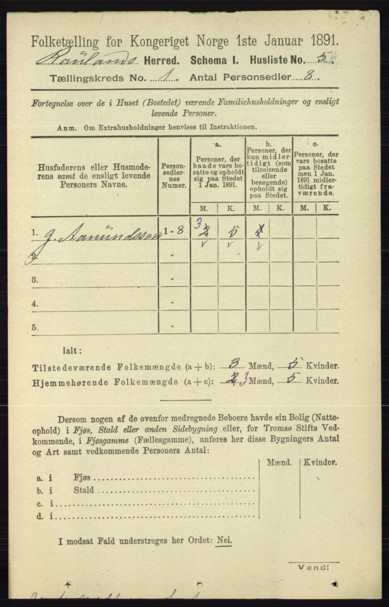 RA, 1891 census for 0835 Rauland, 1891, p. 19