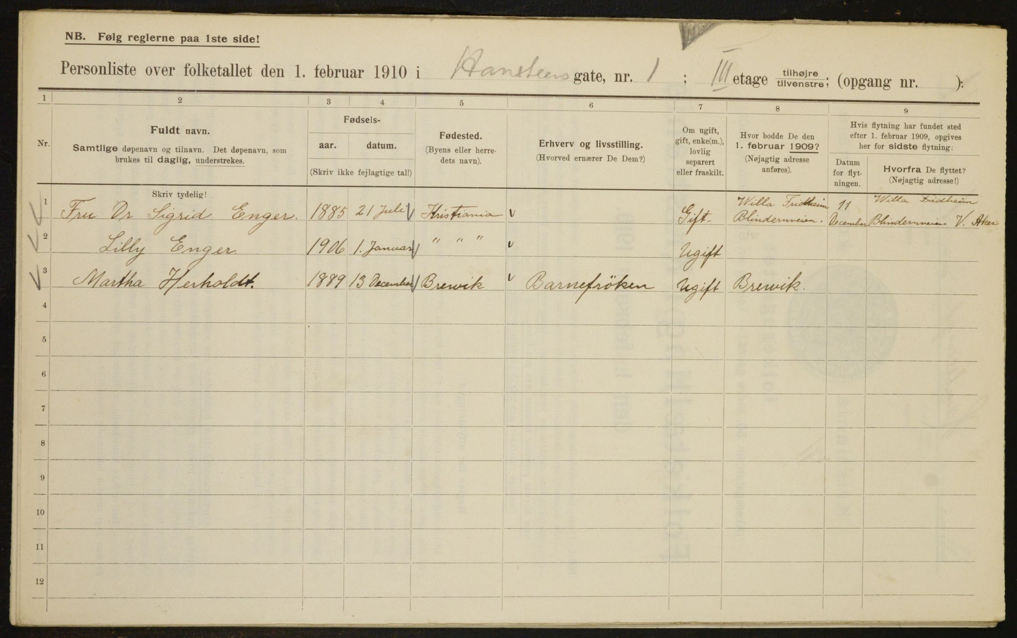 OBA, Municipal Census 1910 for Kristiania, 1910, p. 32599