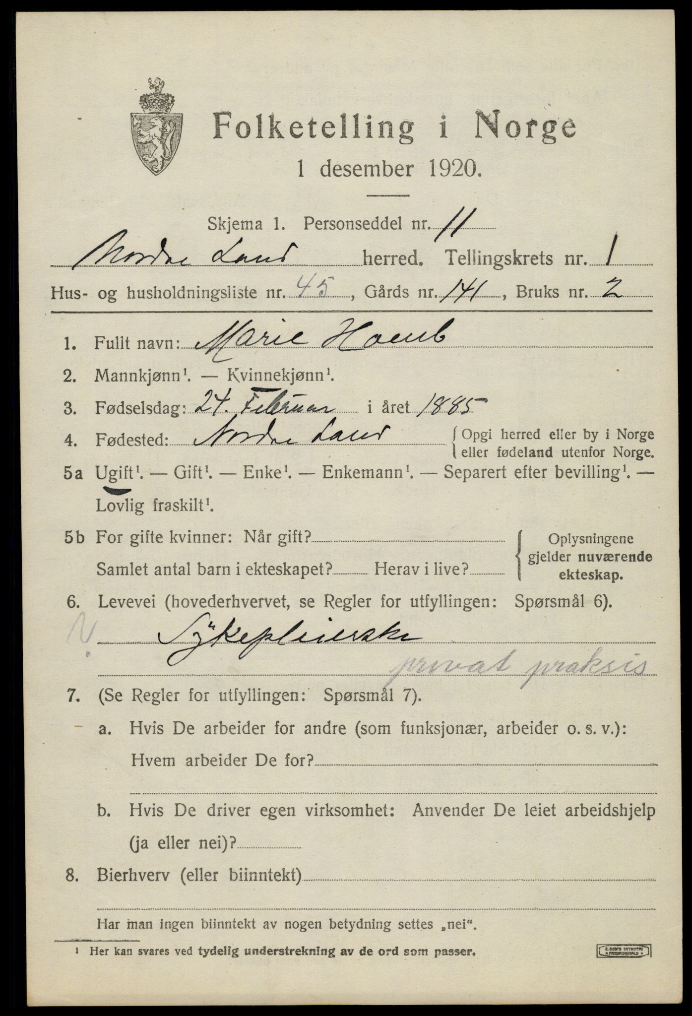 SAH, 1920 census for Nordre Land, 1920, p. 1636