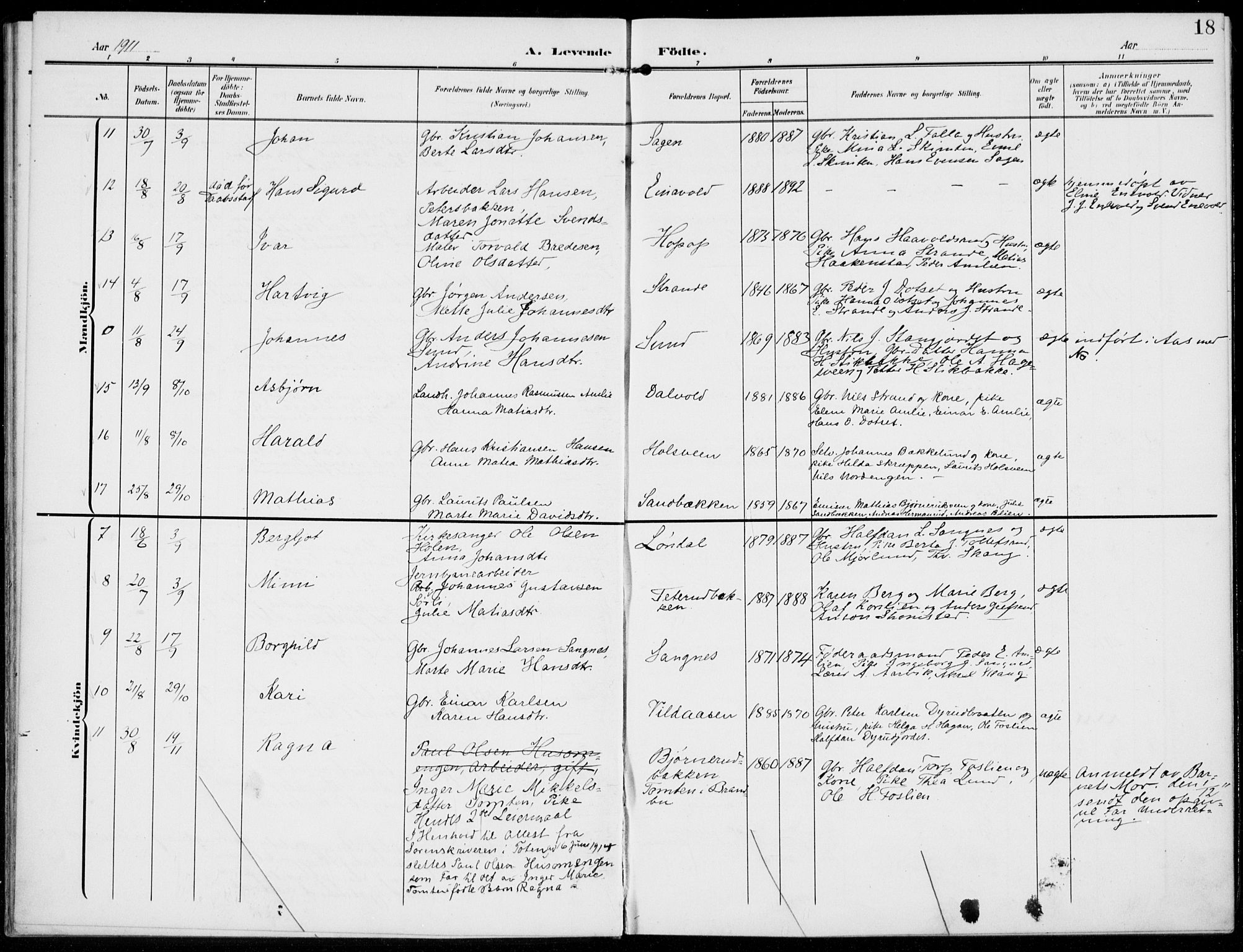 Kolbu prestekontor, AV/SAH-PREST-110/H/Ha/Haa/L0001: Parish register (official) no. 1, 1907-1923, p. 18