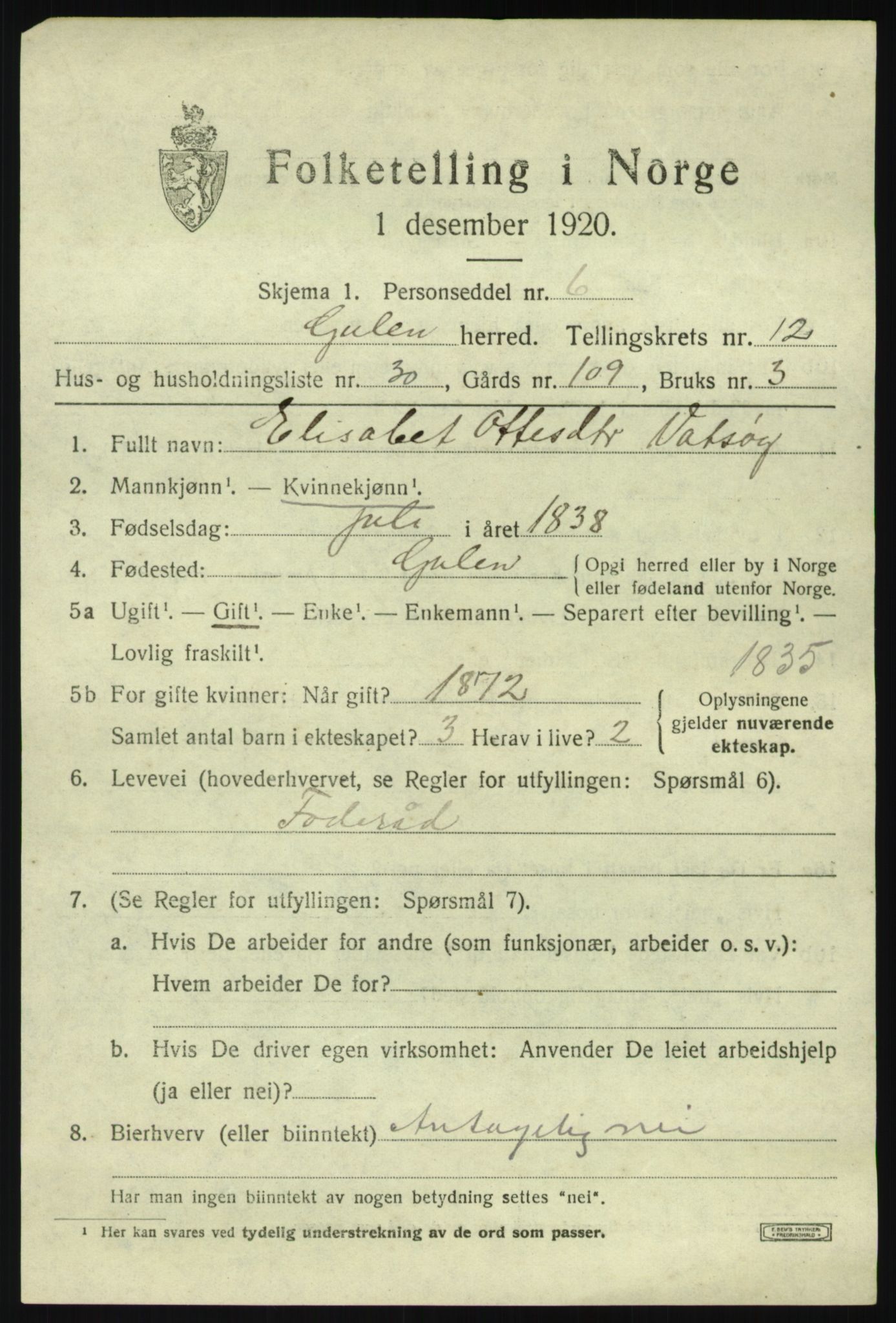 SAB, 1920 census for Gulen, 1920, p. 5793