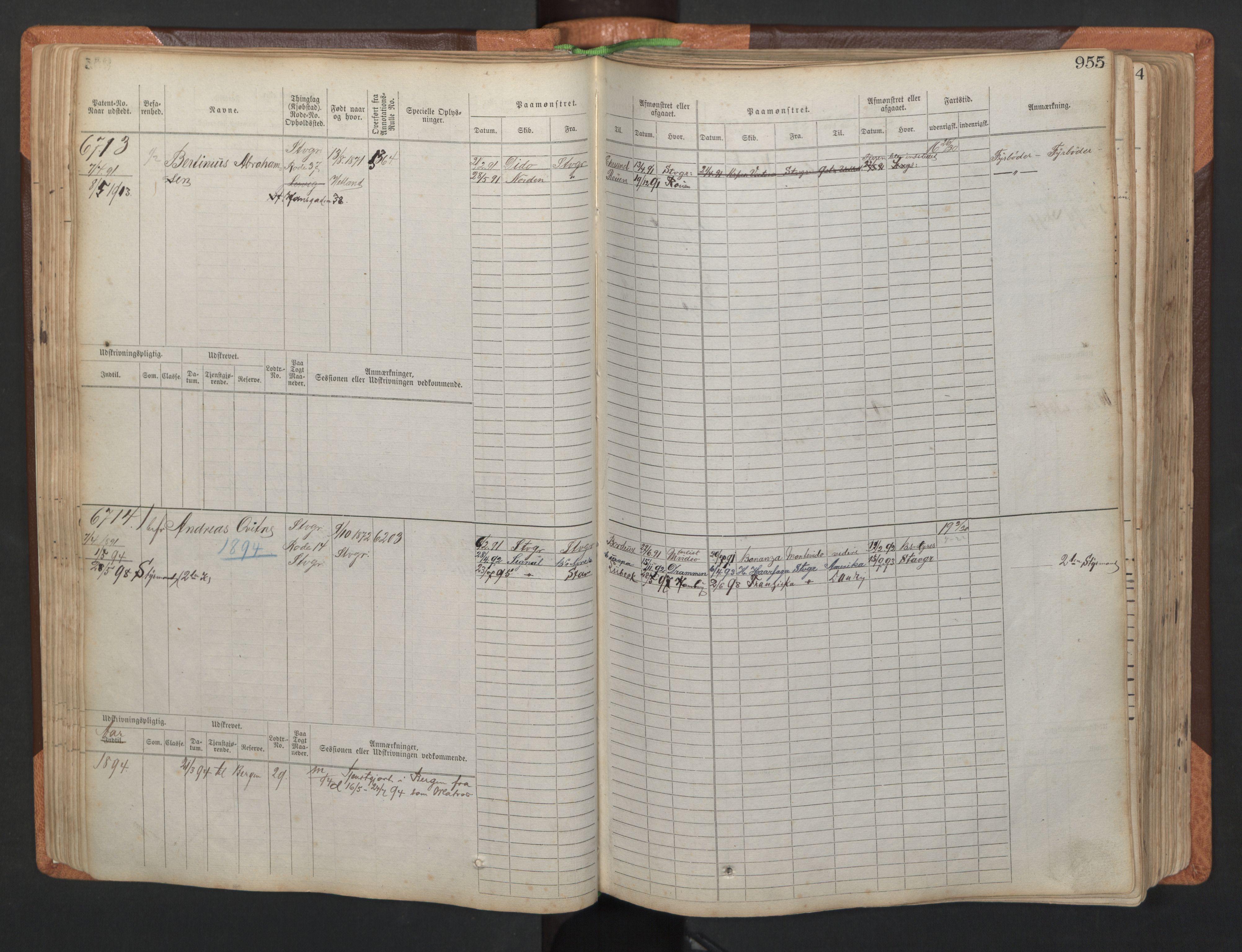 Stavanger sjømannskontor, AV/SAST-A-102006/F/Fb/Fbb/L0011: Sjøfartshovedrulle, patentnr. 6607-7206 (del 2), 1887-1896, p. 58