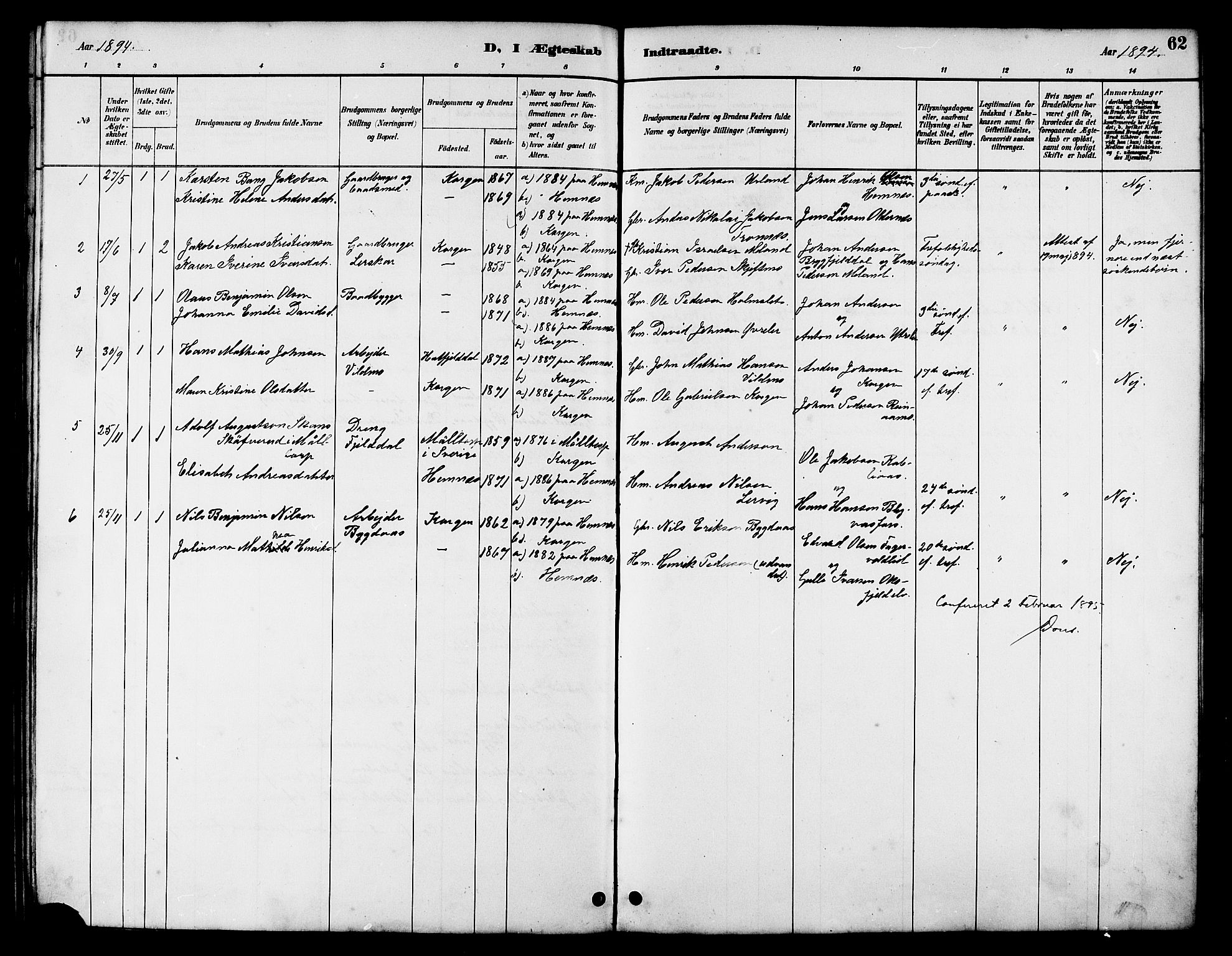 Ministerialprotokoller, klokkerbøker og fødselsregistre - Nordland, AV/SAT-A-1459/826/L0383: Parish register (copy) no. 826C03, 1887-1896, p. 62