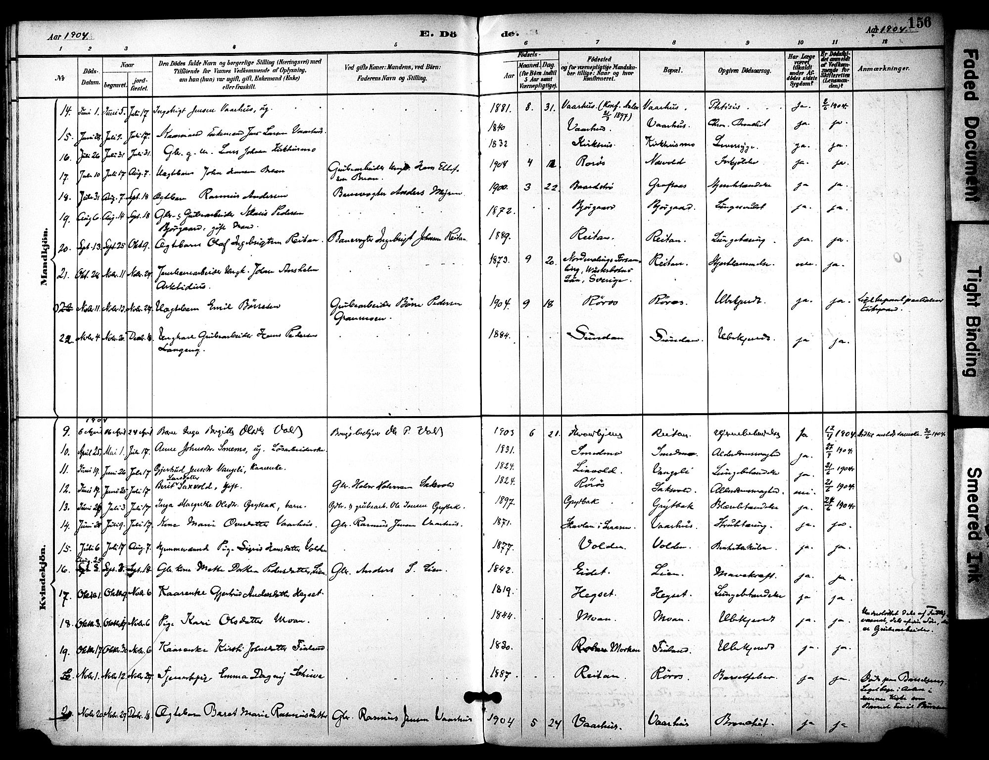 Ministerialprotokoller, klokkerbøker og fødselsregistre - Sør-Trøndelag, AV/SAT-A-1456/686/L0984: Parish register (official) no. 686A02, 1891-1906, p. 156