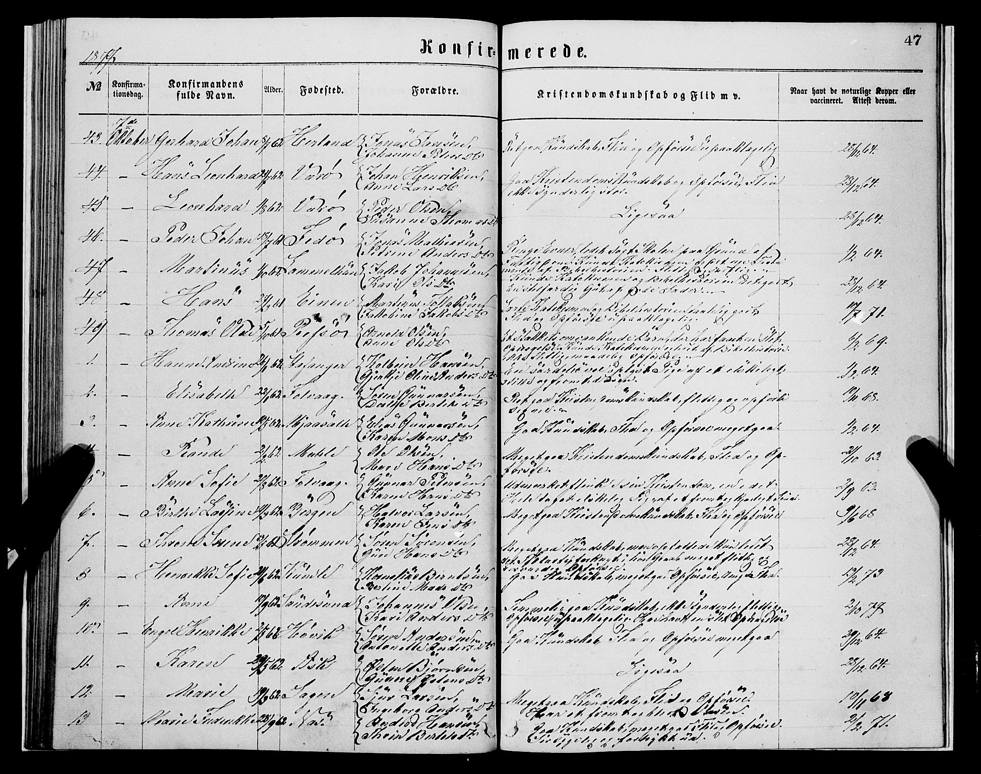 Askvoll sokneprestembete, AV/SAB-A-79501/H/Haa/Haaa/L0013: Parish register (official) no. A 13, 1865-1878, p. 47