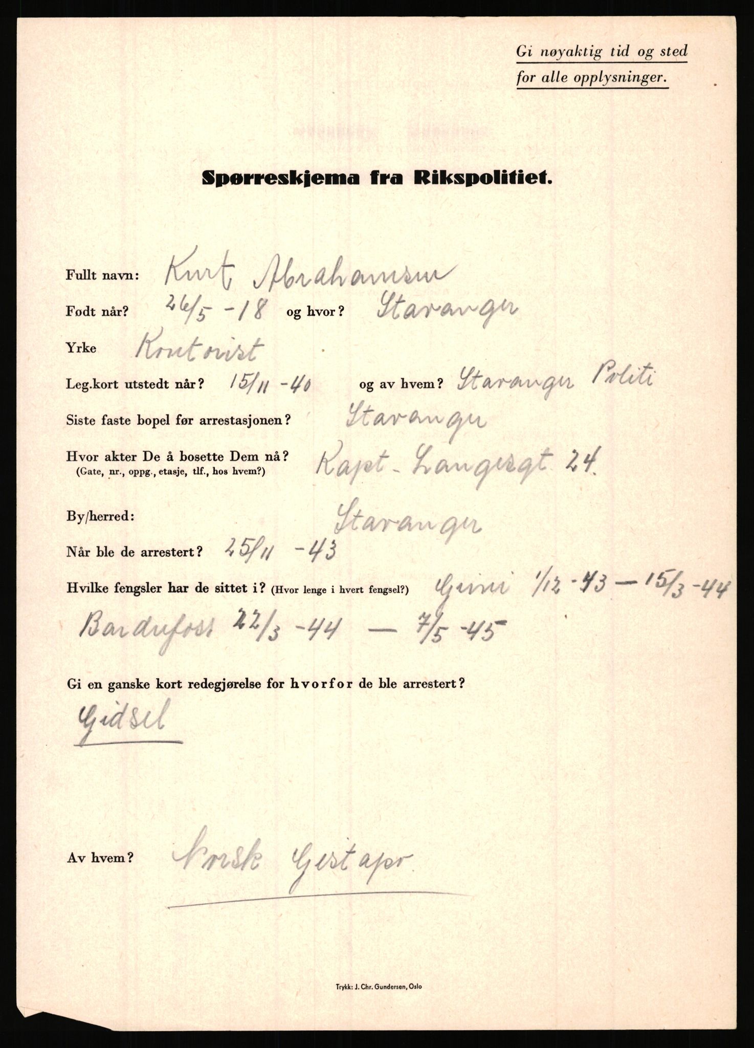 Rikspolitisjefen, AV/RA-S-1560/L/L0001: Abelseth, Rudolf - Berentsen, Odd, 1940-1945, p. 17