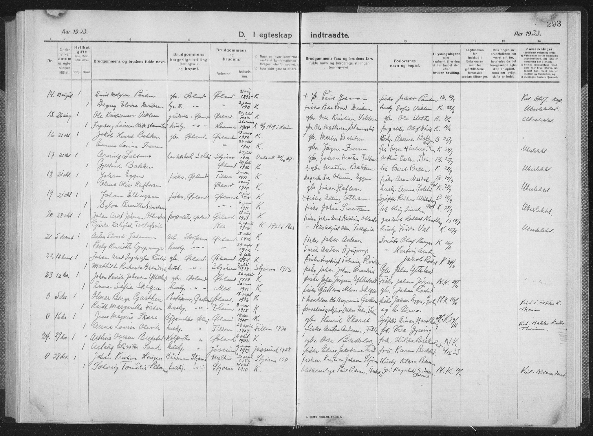 Ministerialprotokoller, klokkerbøker og fødselsregistre - Sør-Trøndelag, SAT/A-1456/659/L0747: Parish register (copy) no. 659C04, 1913-1938, p. 293