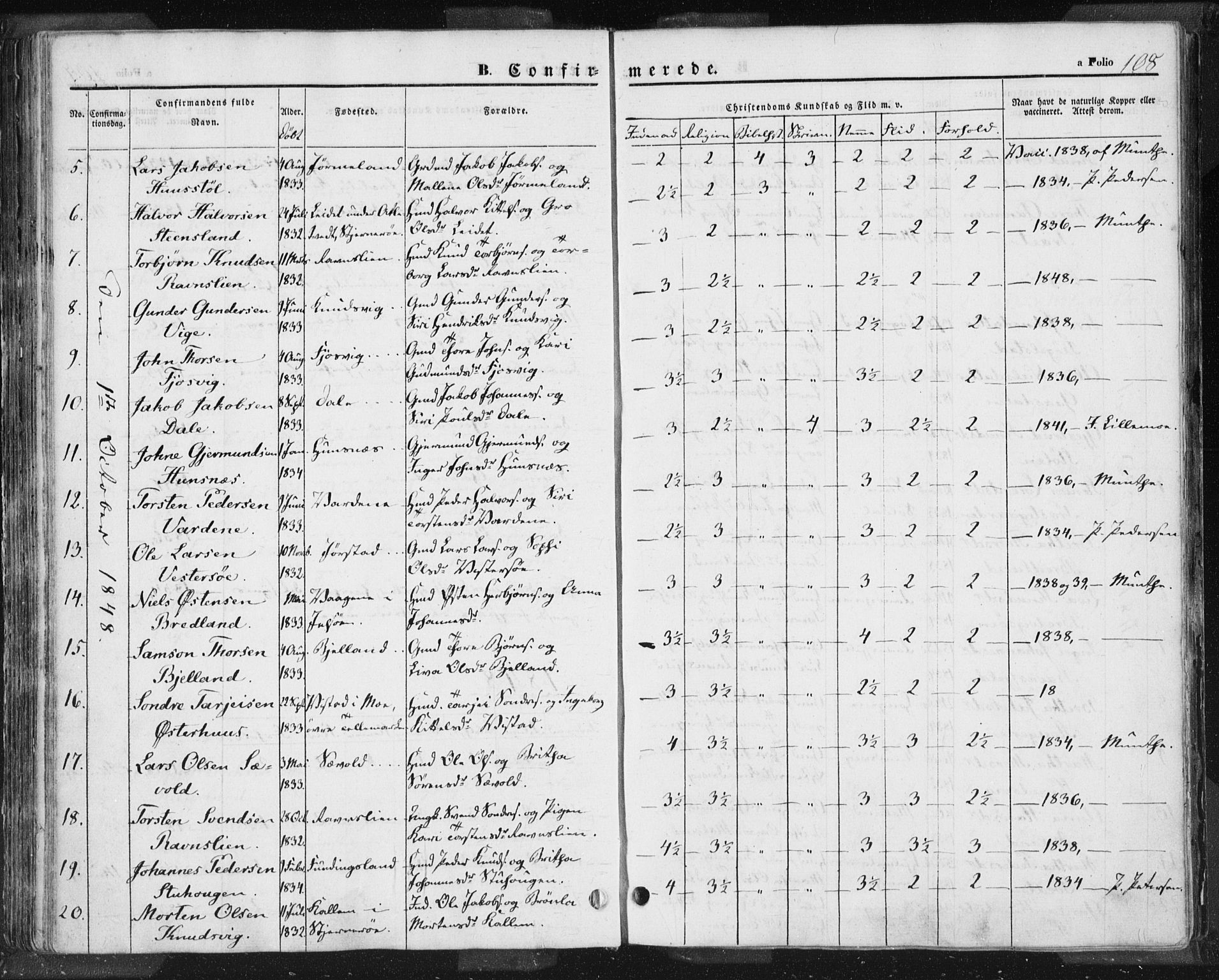 Hjelmeland sokneprestkontor, AV/SAST-A-101843/01/IV/L0009: Parish register (official) no. A 9, 1846-1860, p. 108