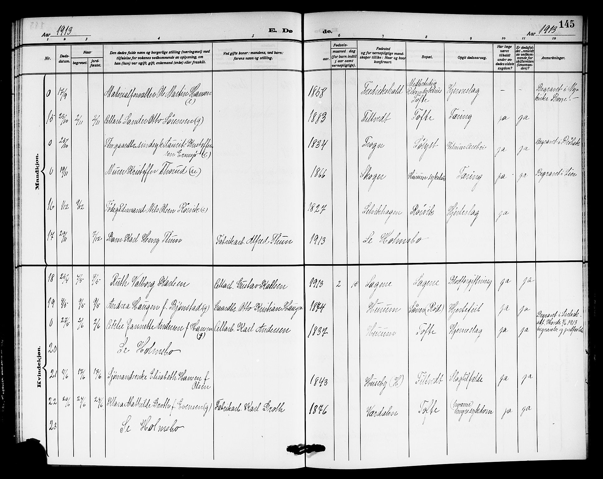 Hurum kirkebøker, AV/SAKO-A-229/G/Ga/L0005: Parish register (copy) no. I 5, 1908-1922, p. 145