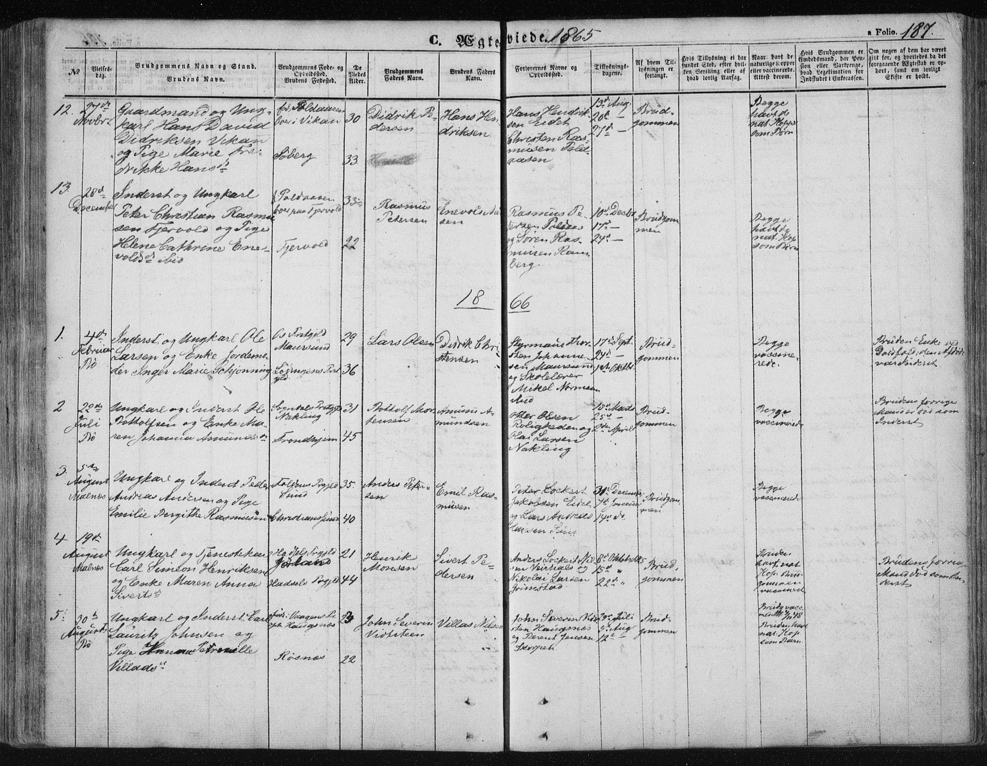 Ministerialprotokoller, klokkerbøker og fødselsregistre - Nordland, AV/SAT-A-1459/891/L1300: Parish register (official) no. 891A05, 1856-1870, p. 187