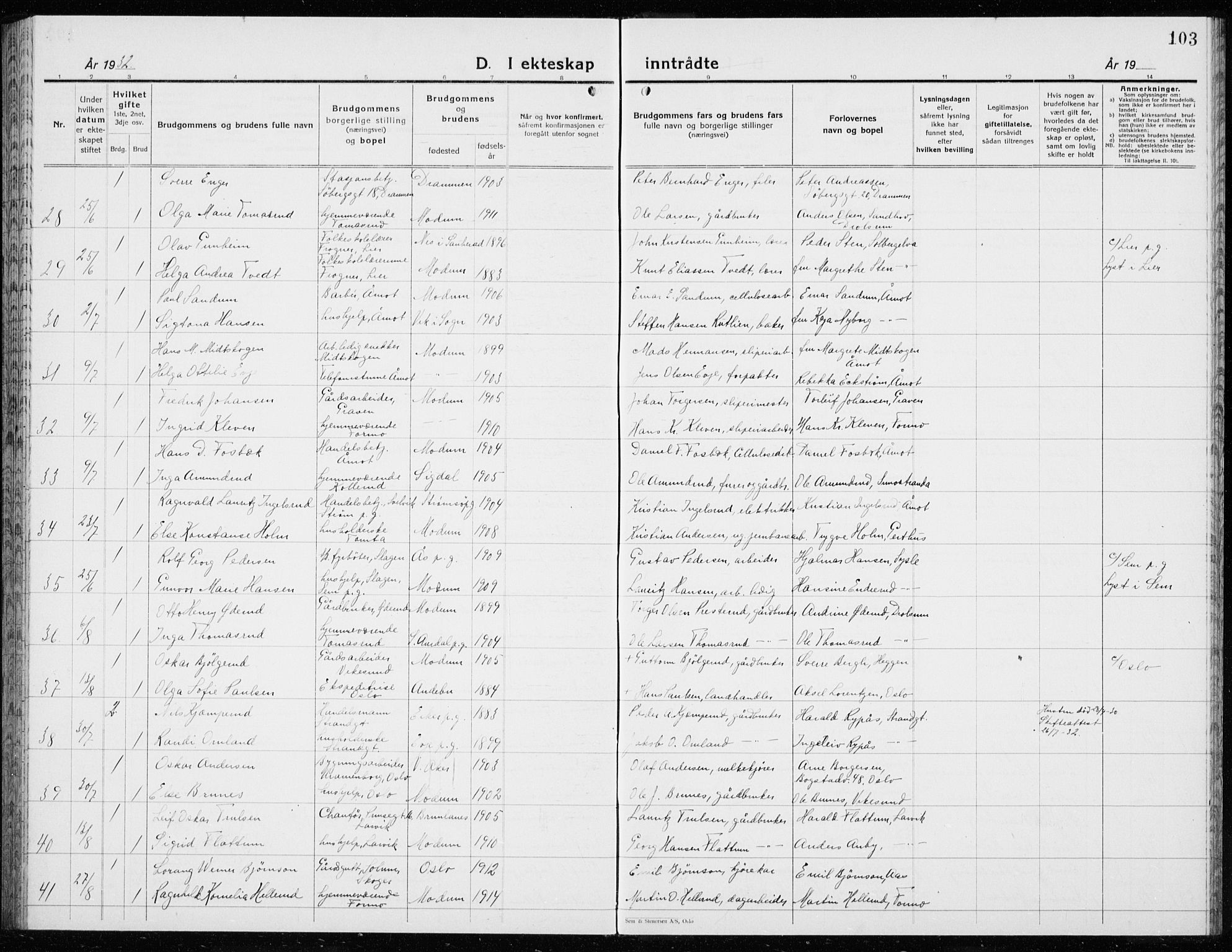 Modum kirkebøker, AV/SAKO-A-234/G/Ga/L0013: Parish register (copy) no. I 13, 1925-1938, p. 103